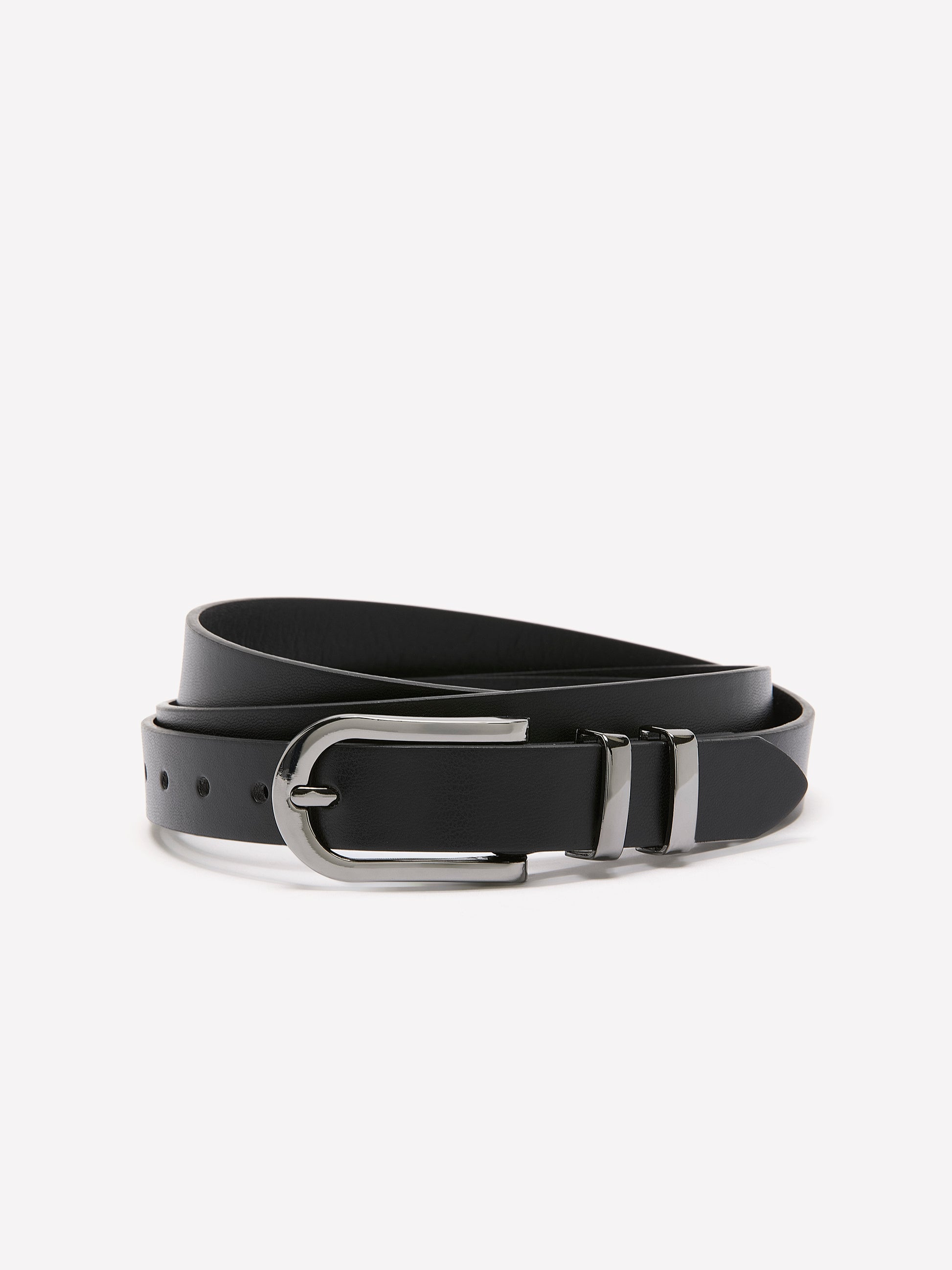 Black Faux Leather Belt with Double Metal Loop