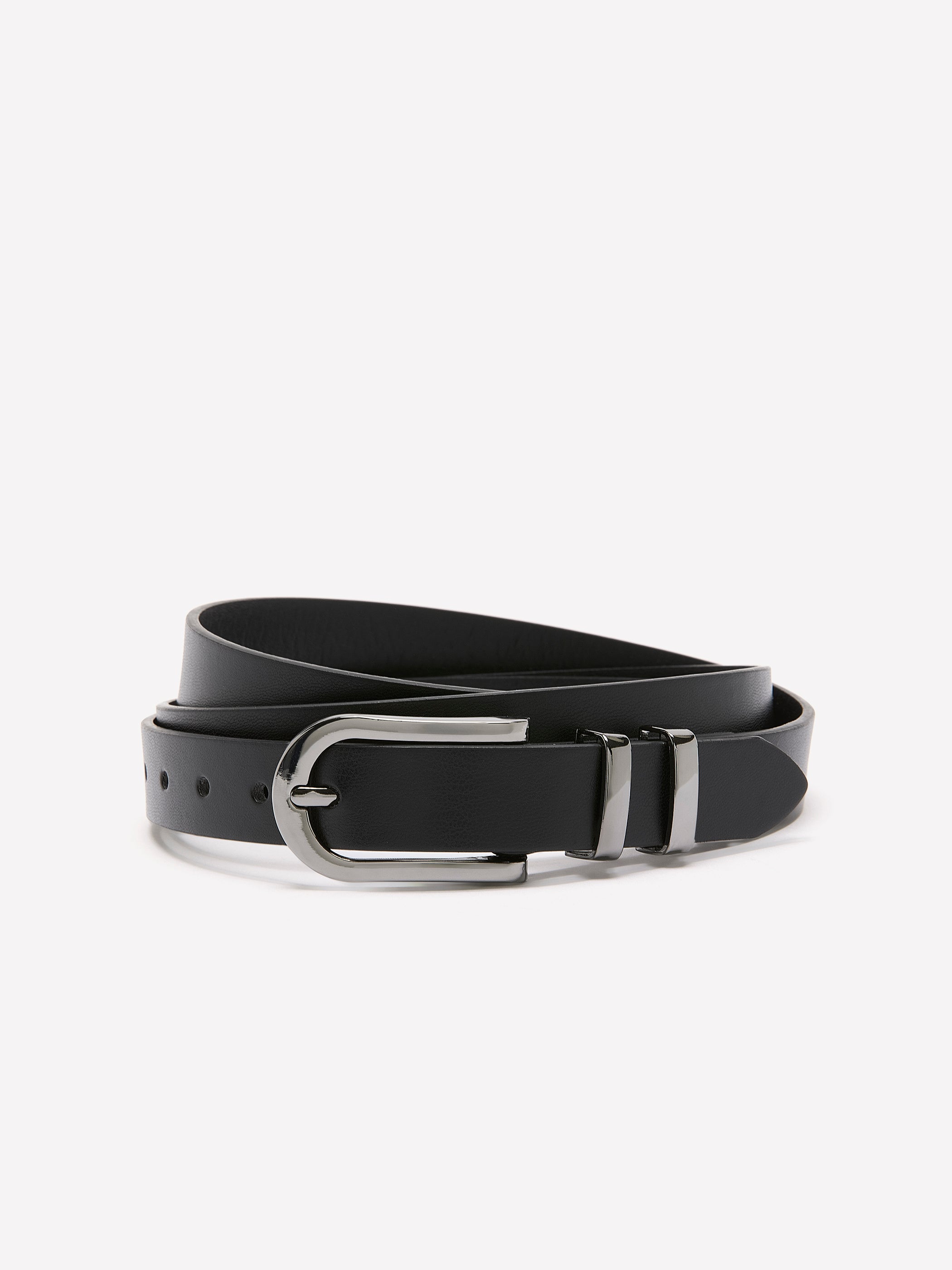 Black Faux Leather Belt with Double Metal Loop