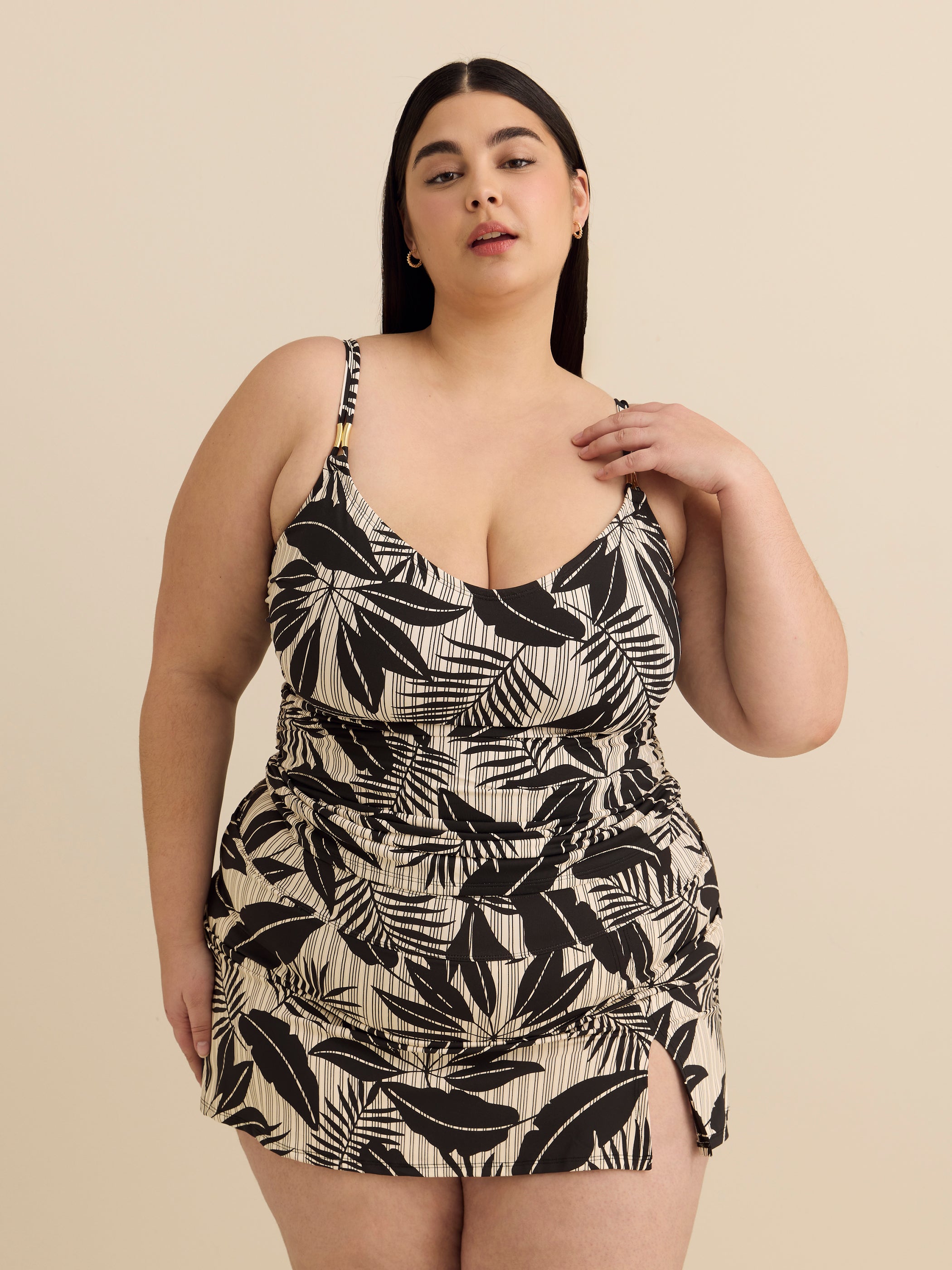 Tankini à motif de feuillage avec encolure dégagée et armatures flottantes - Bleu Rod Beattie