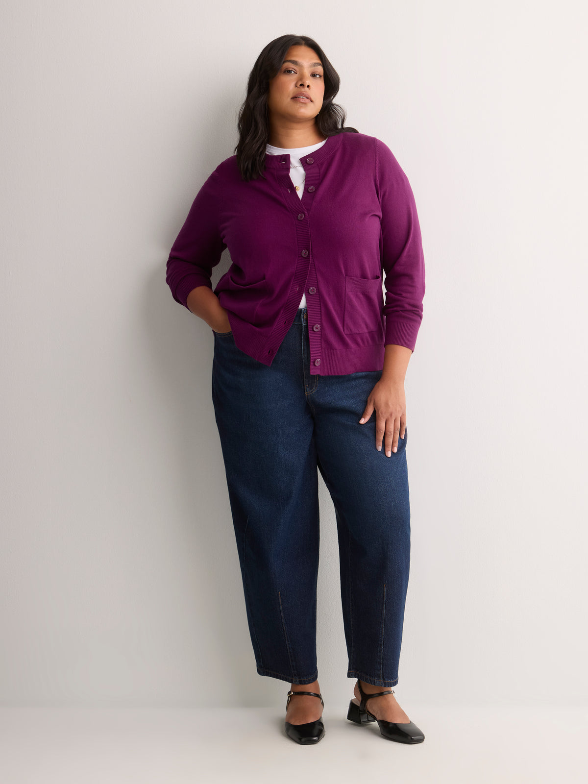 Dark Buttoned-Down Cotton Blend Crew Neck Cardigan