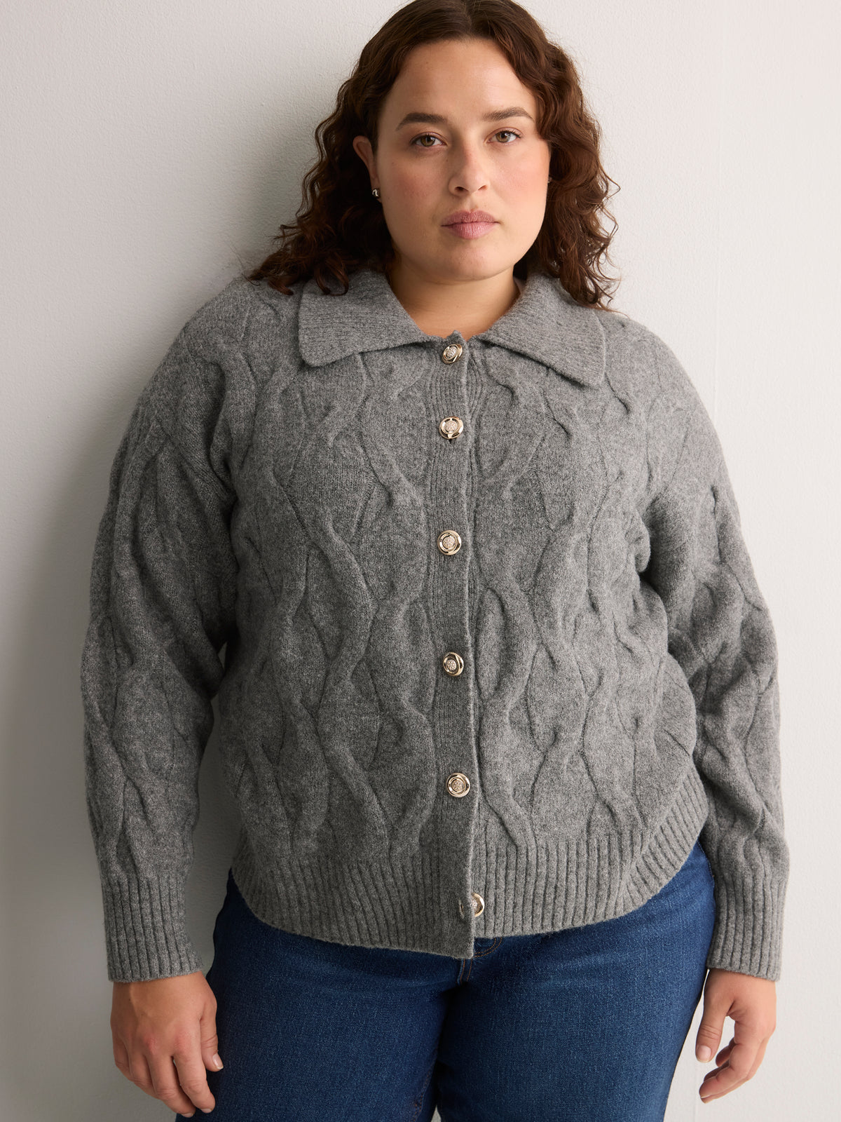 Dark Grey Jeweled Short Cable Knit Cardigan Sweater