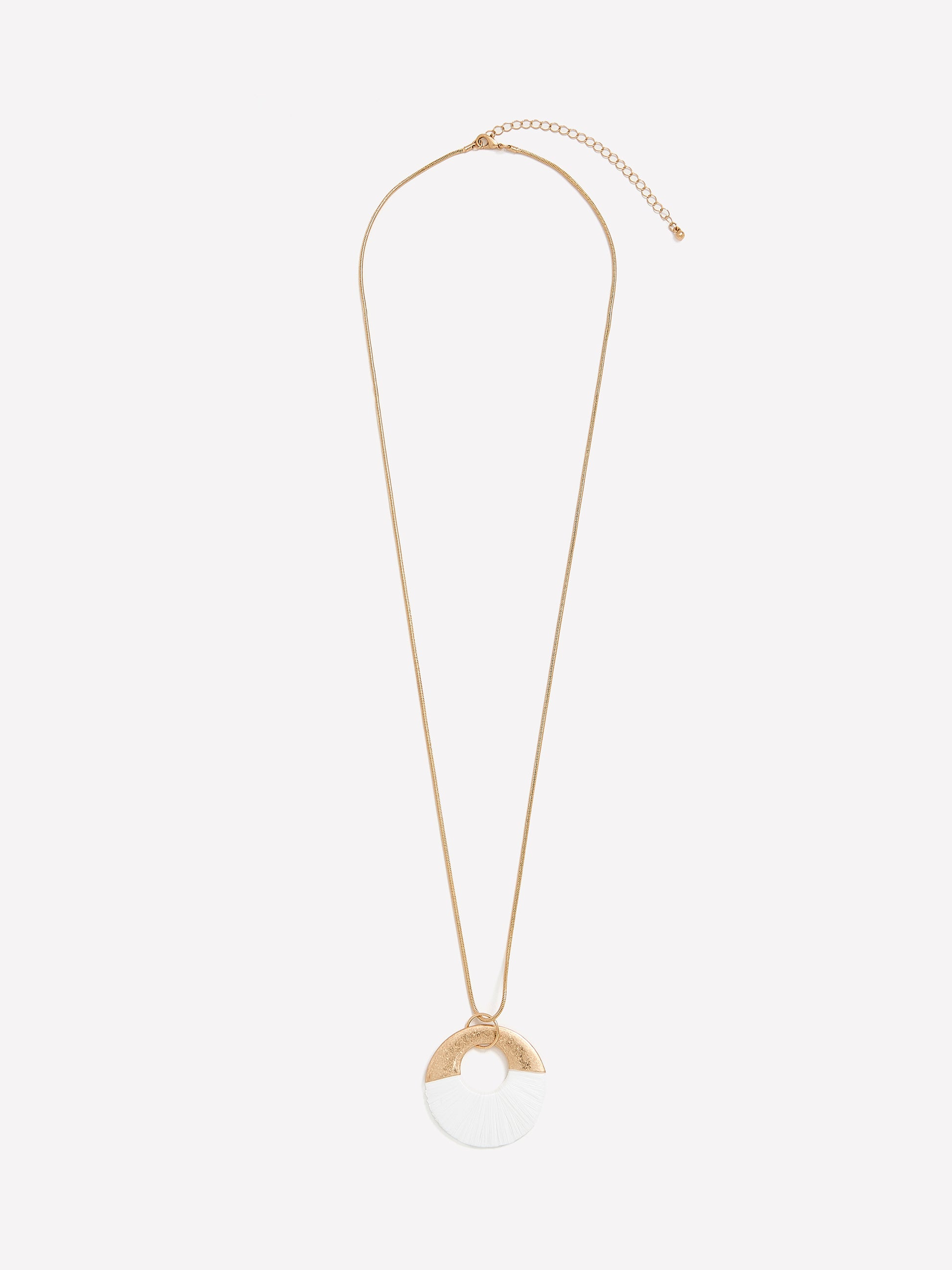 Long Matte Golden Necklace with Round Straw Pendant