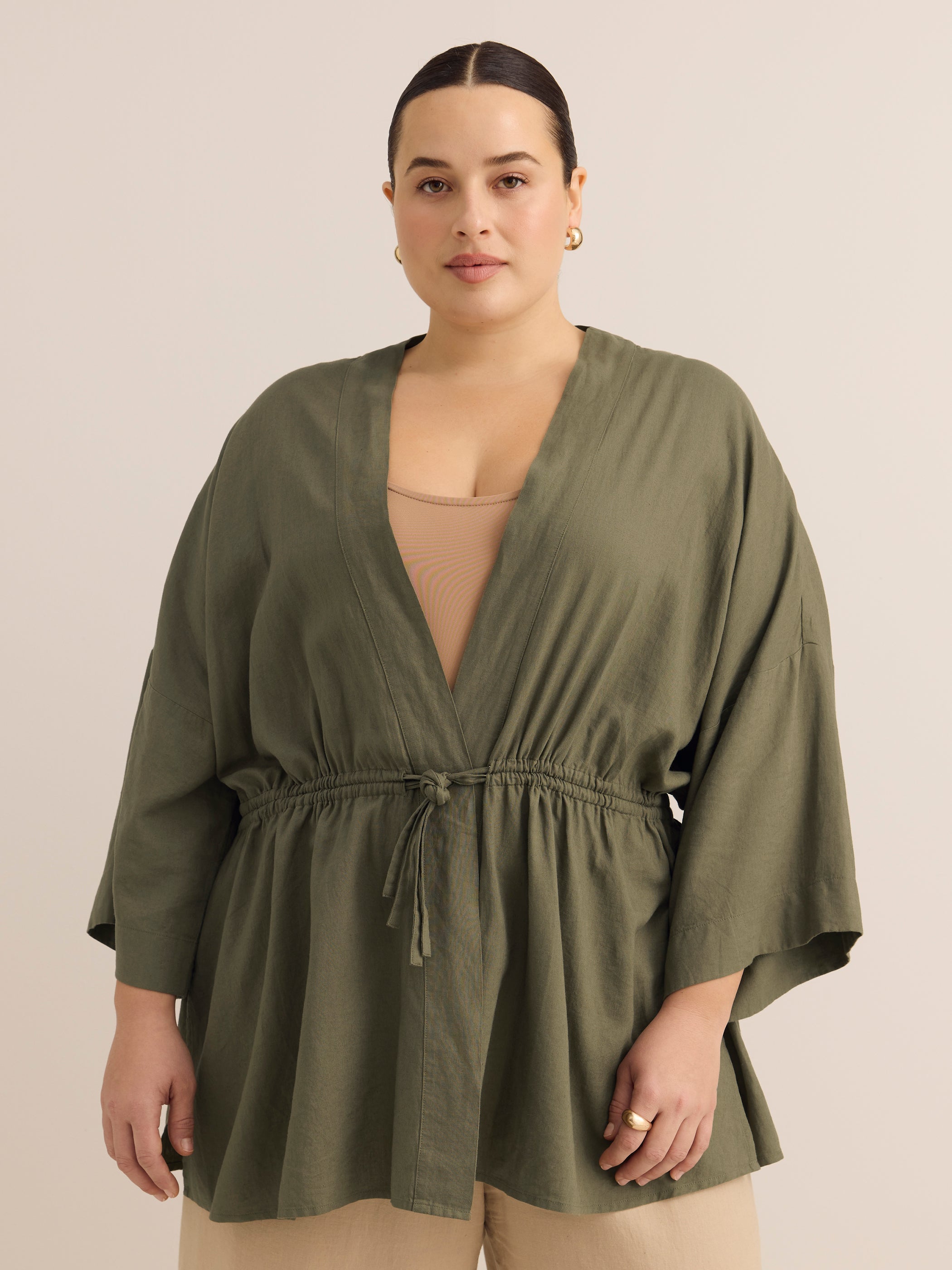 Linen-Blend Loose Kimono Tunic with Waist Drawstring