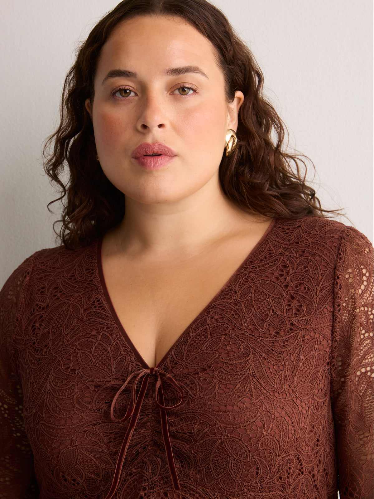 Fit-and-Flare Shirred V-Neck Lace Dress