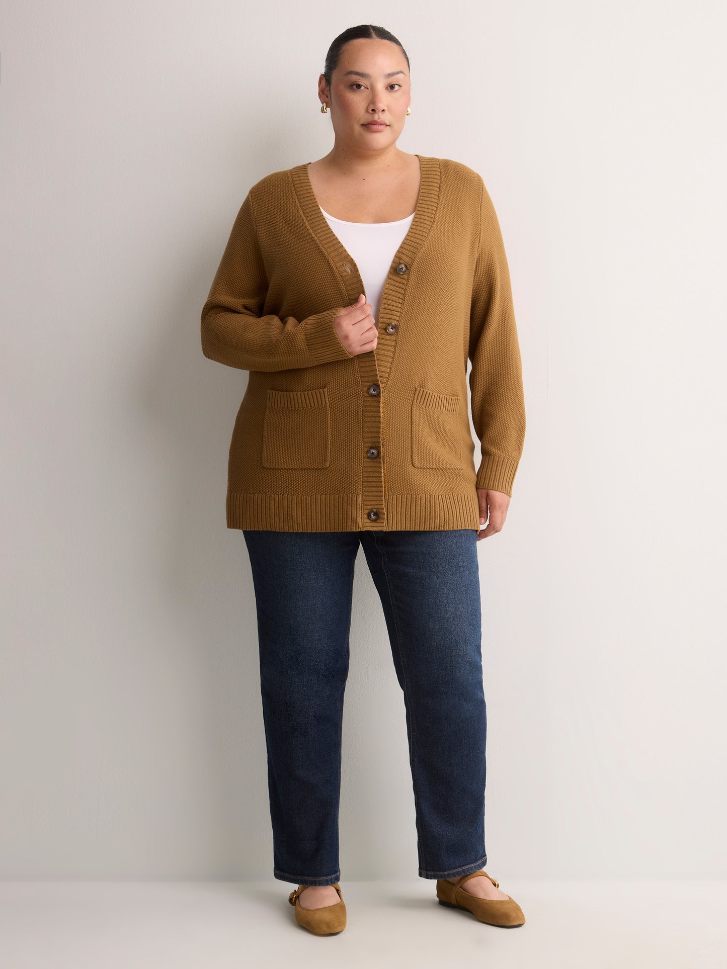Straight-Fit V-Neck Tunic Cardigan