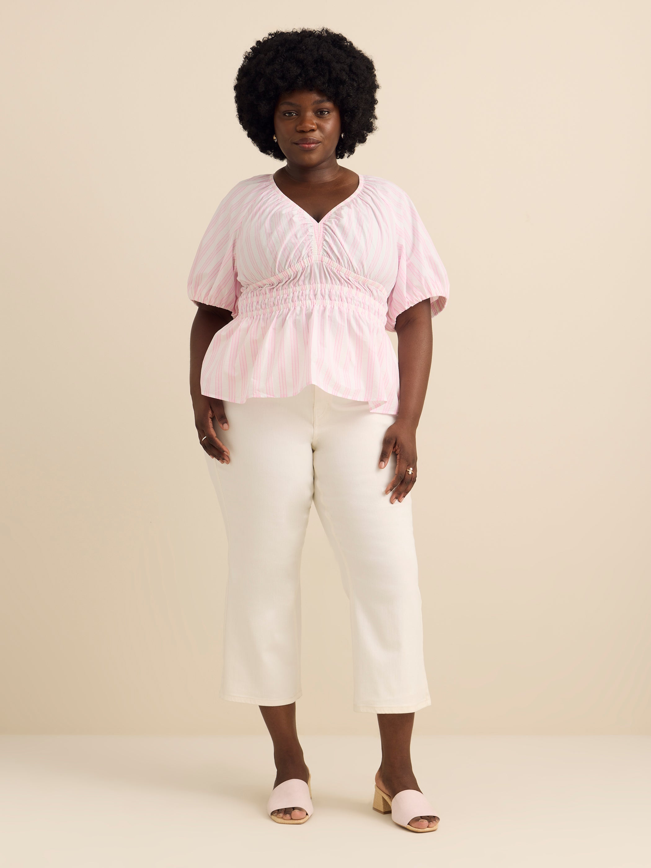 Pink Flared V-Neck Blouse with Short Bubble Sleeves