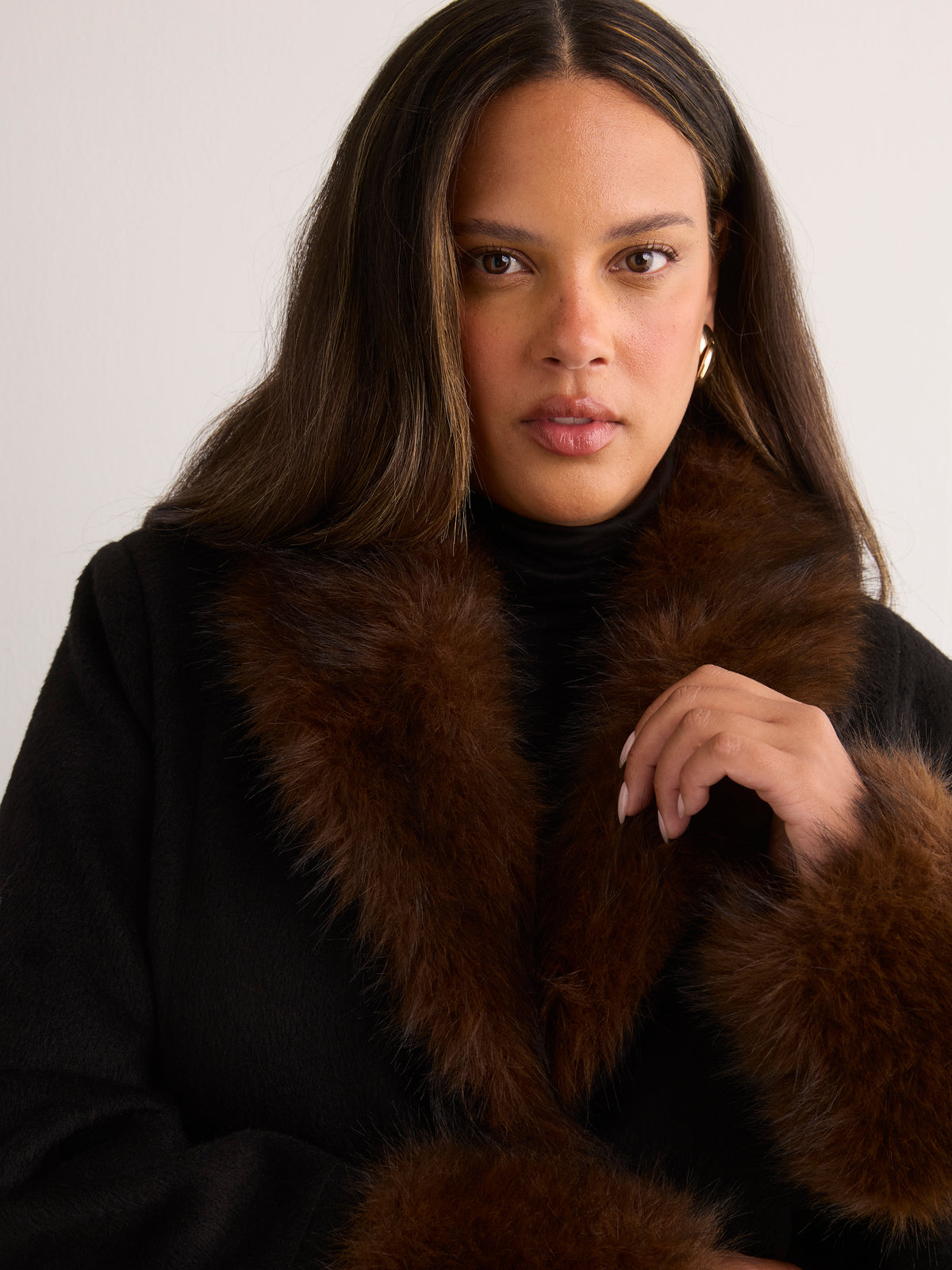 Long Belted Coat with Faux-Fur Collar and Cuffs