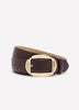 Brown Faux Leather Wide Denim Belt with Oval Plaque Buckle