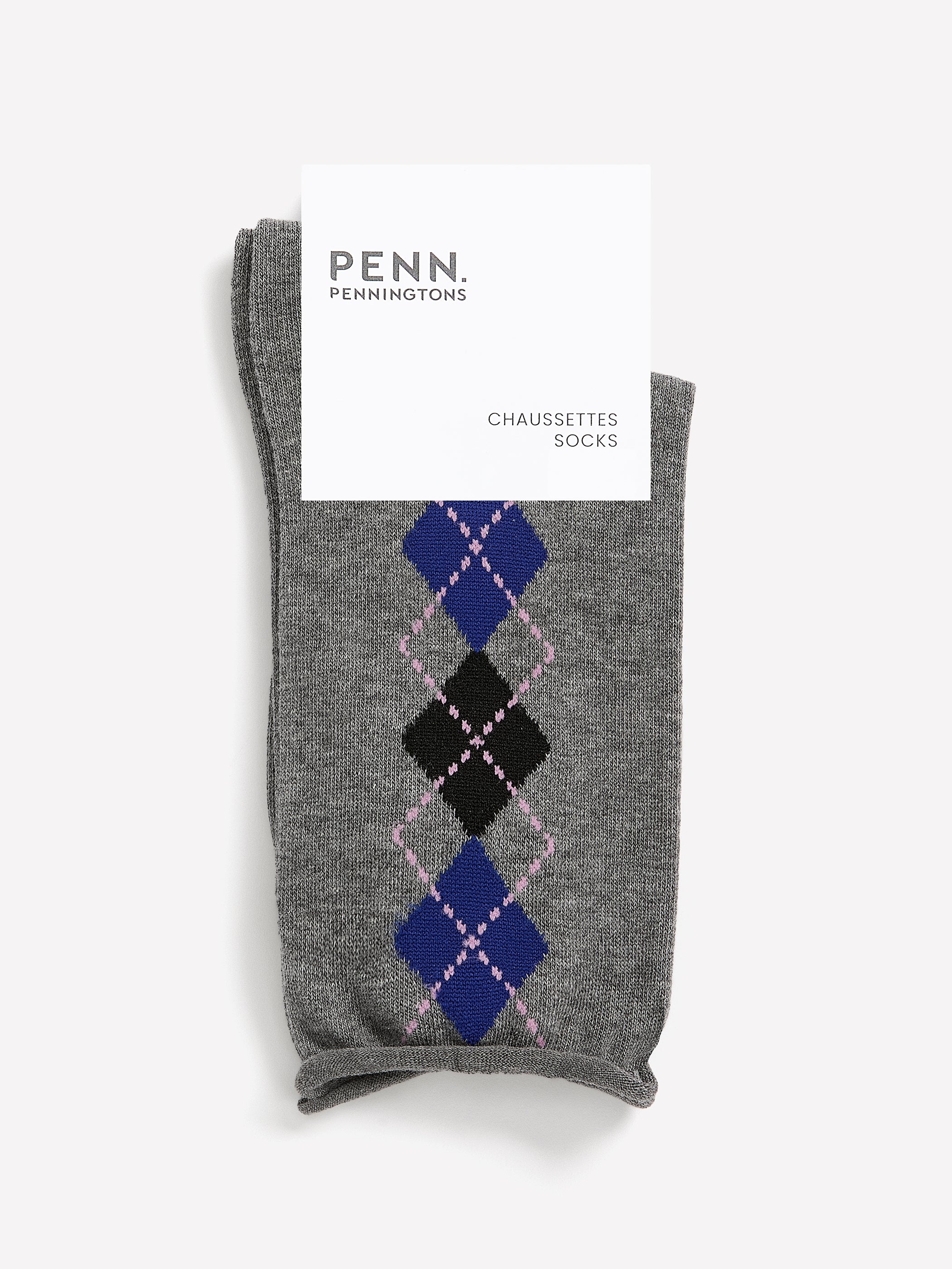 Grey Rolled-Edge Crew Socks with Argyle Print