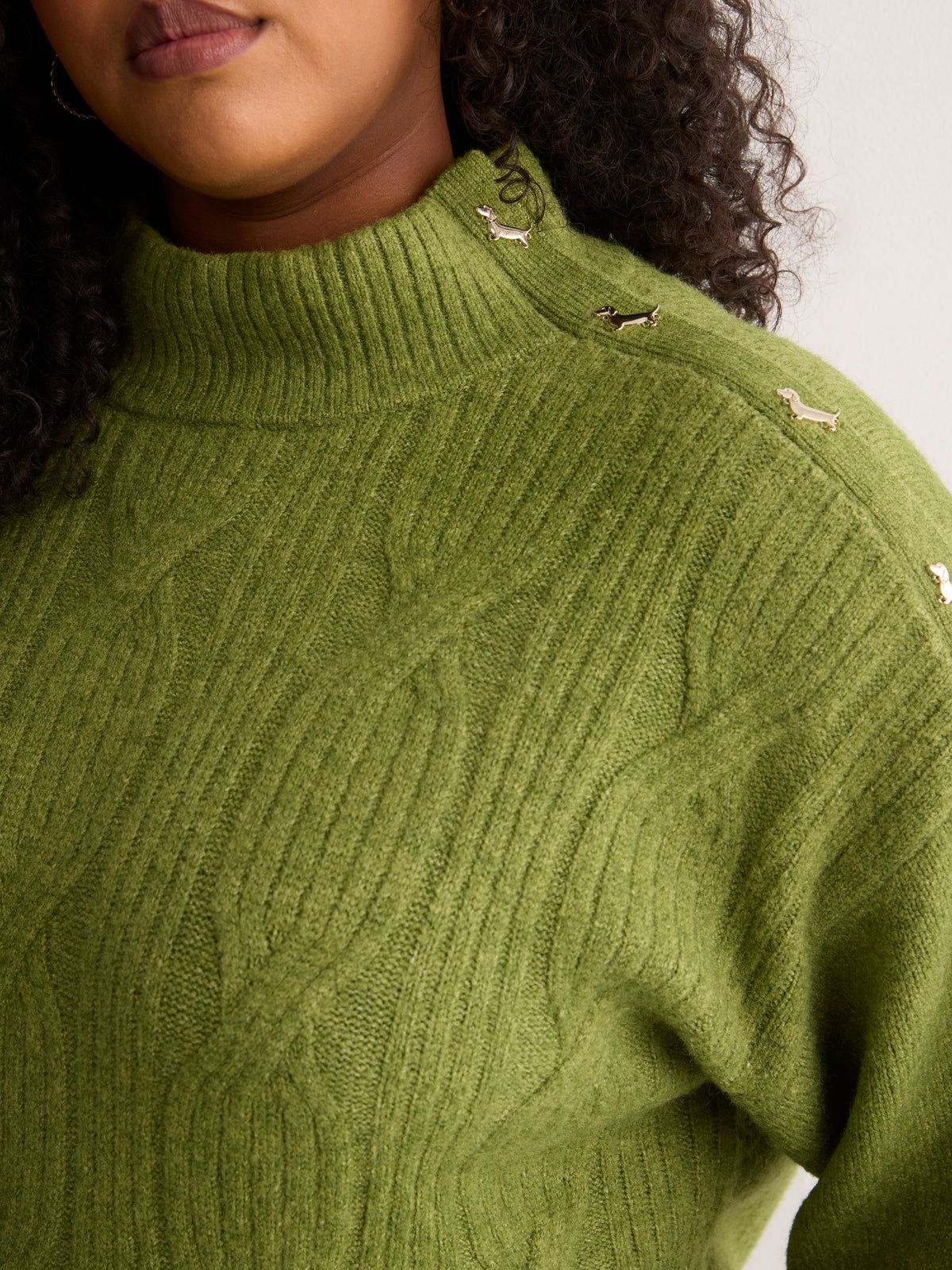 Green Loose-Fit Mock-Neck Cable Knit Sweater