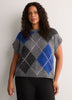 Loose Extended-Sleeve Argyle Fuzzy Yarn Short Sweater