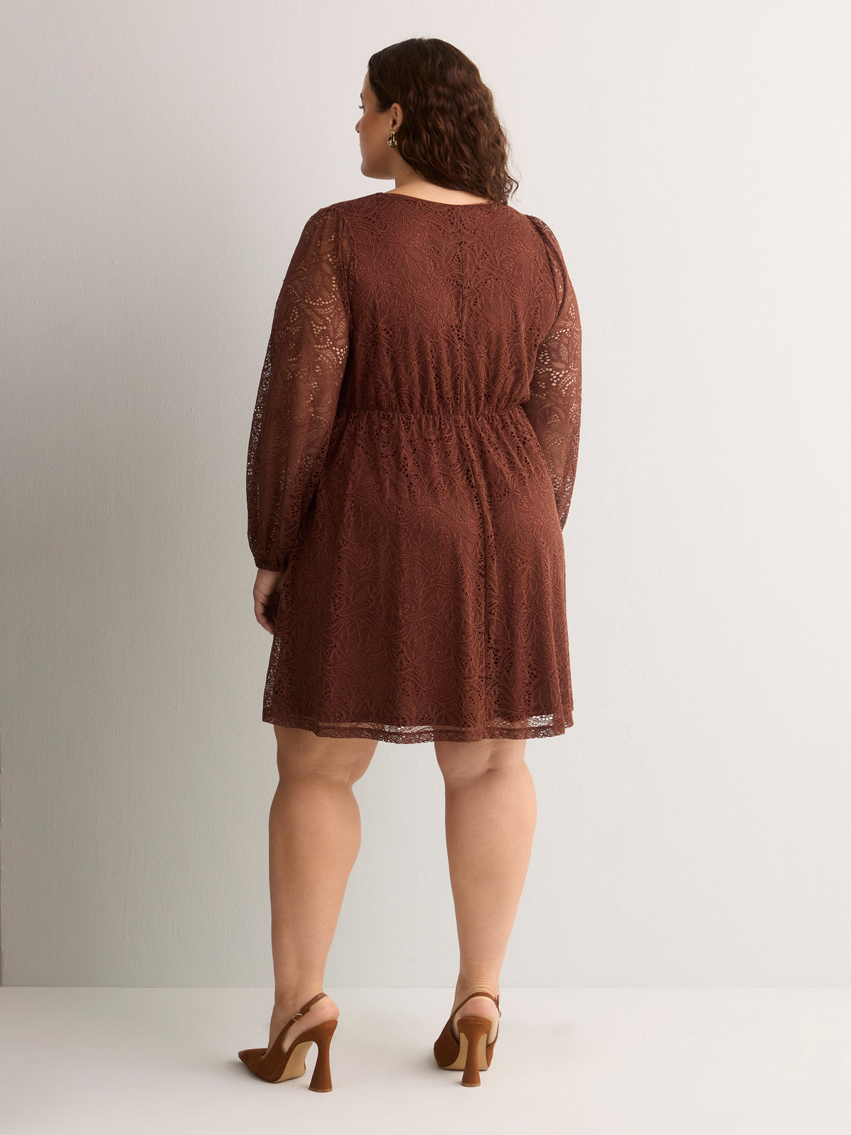 Fit-and-Flare Shirred V-Neck Lace Dress
