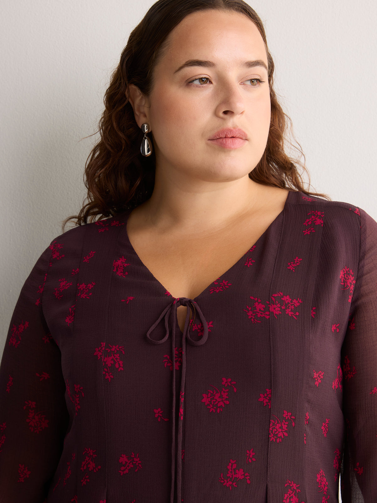 Floral Pleated Dress with Long Bell Sleeves - Addition Elle