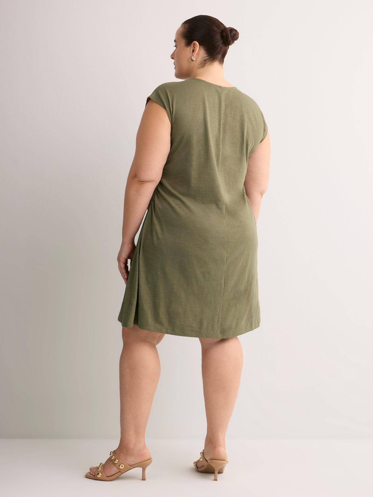 Crew-Neck Extended-Sleeve Knit Dress with Side Shirring