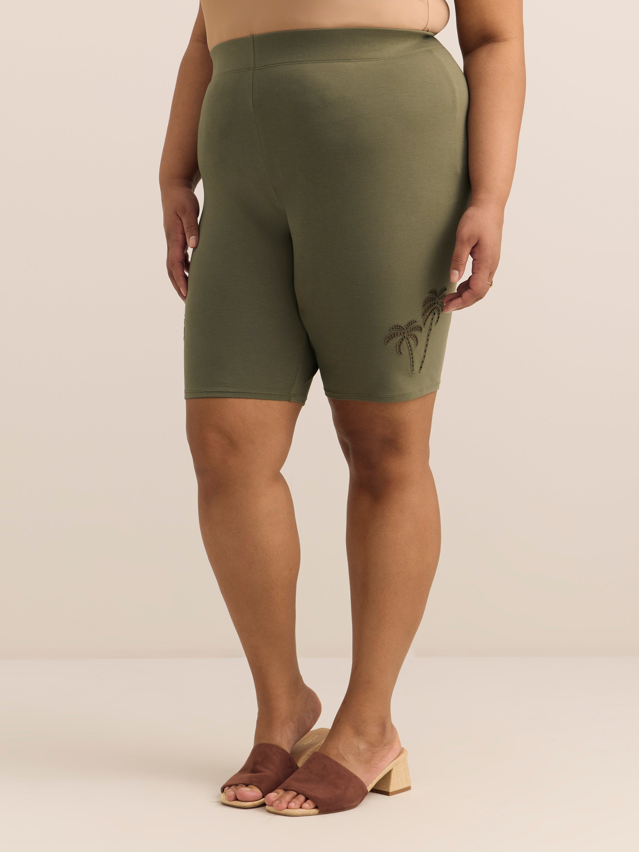 Bike Short with Eyelet Palm Tree Embroidery