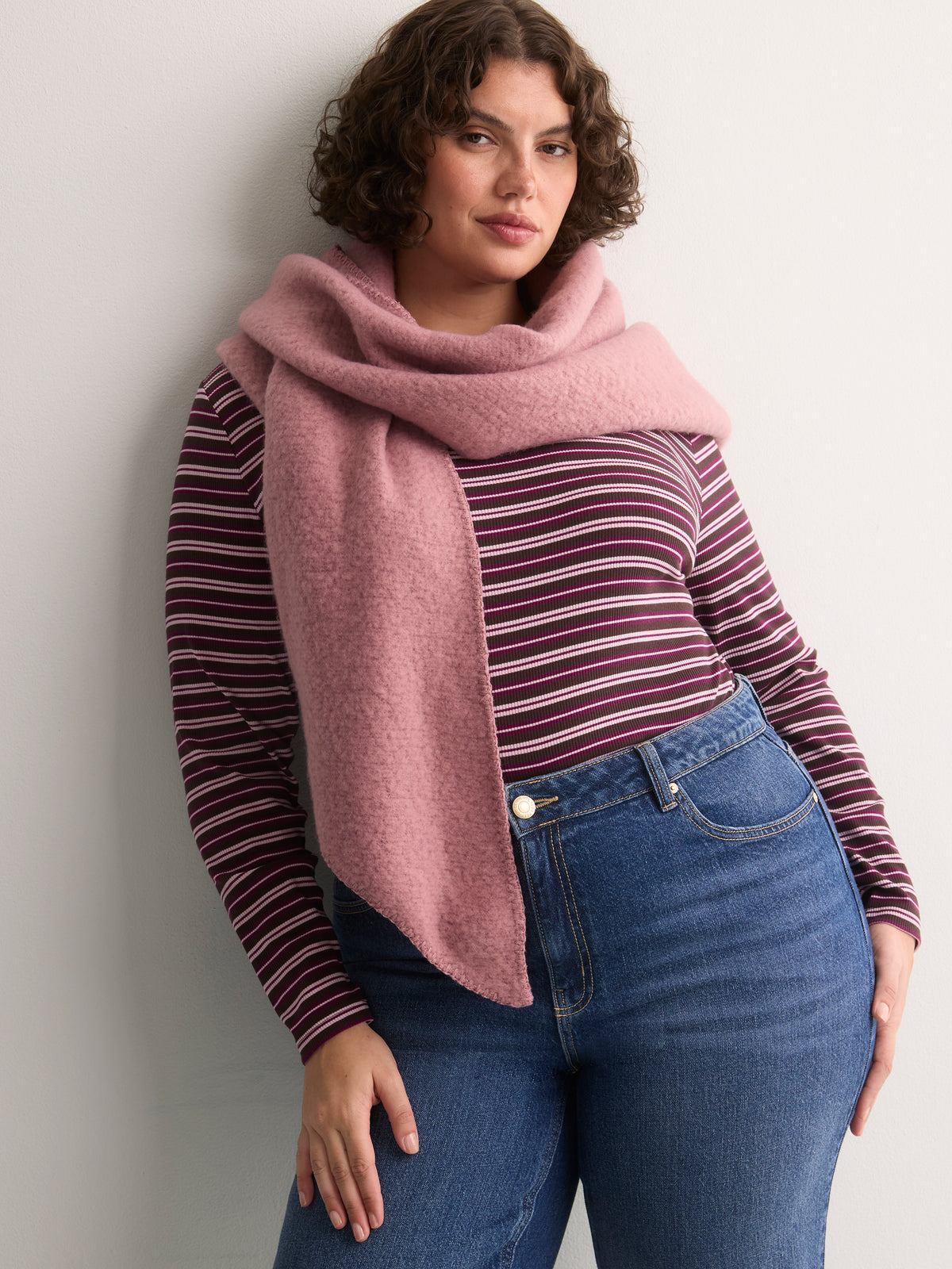 Brown Striped Boyfriend-Fit Long-Sleeve Rib Knit Tee