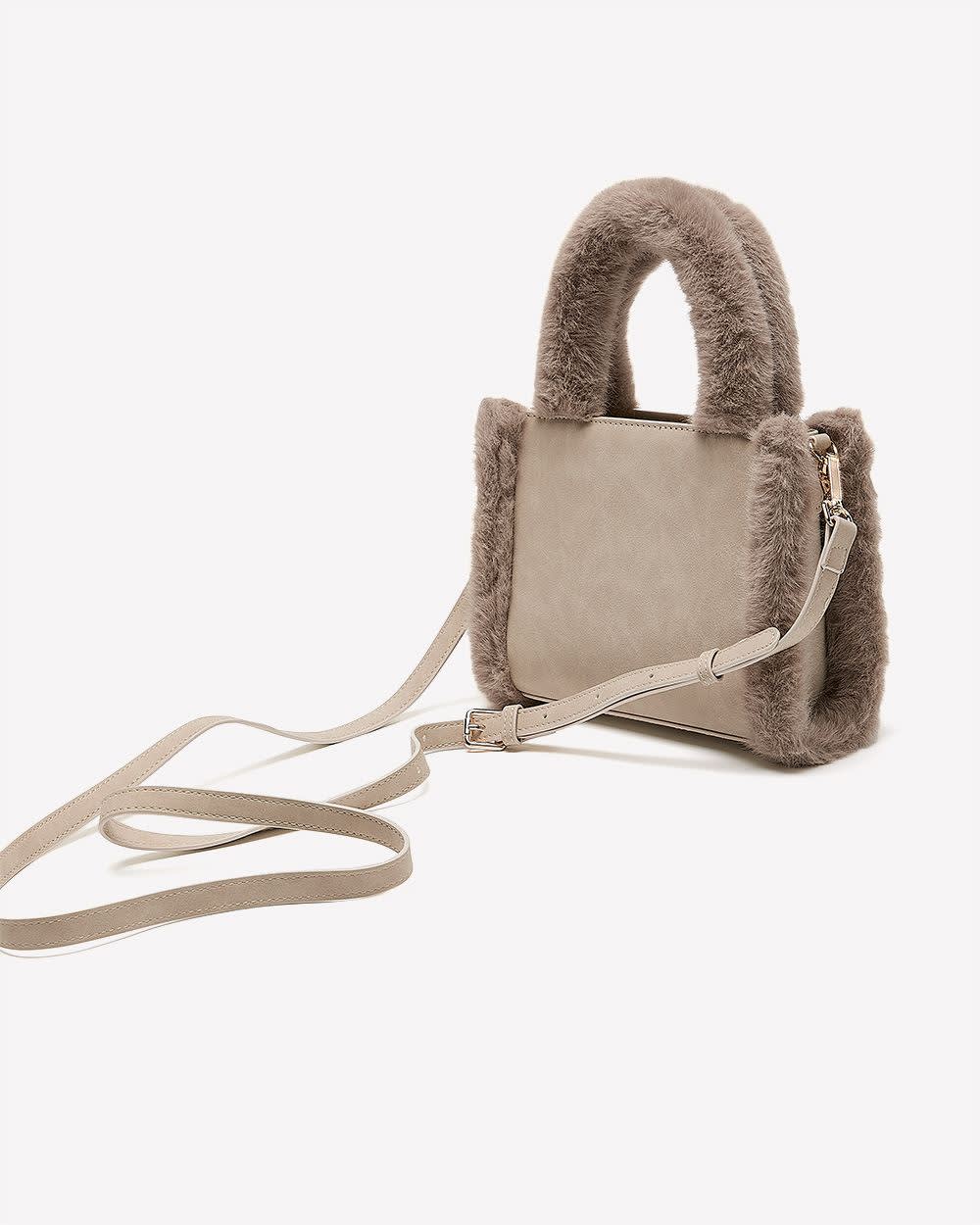 Beige Faux-Suede Handbag with Faux-Fur Trim