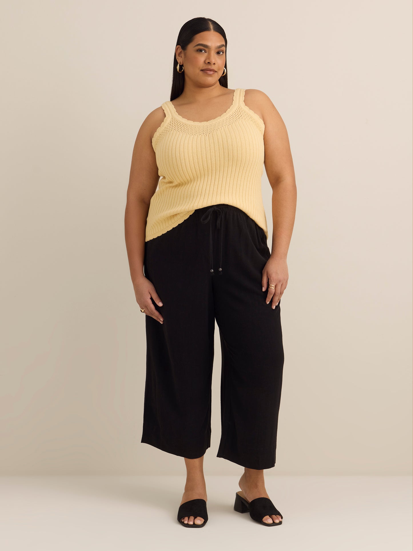 Linen-Blend Wide-Leg Crop Pant with Drawstring at Waistband