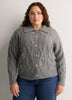 Dark Grey Jeweled Short Cable Knit Cardigan Sweater