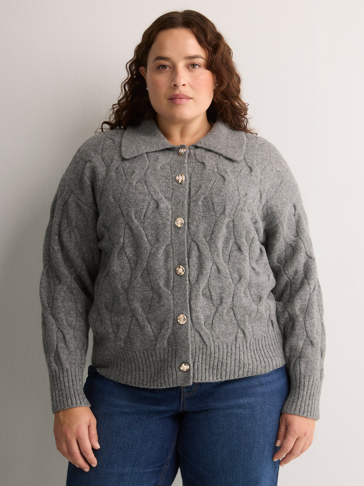 Dark Grey Jeweled Short Cable Knit Cardigan Sweater