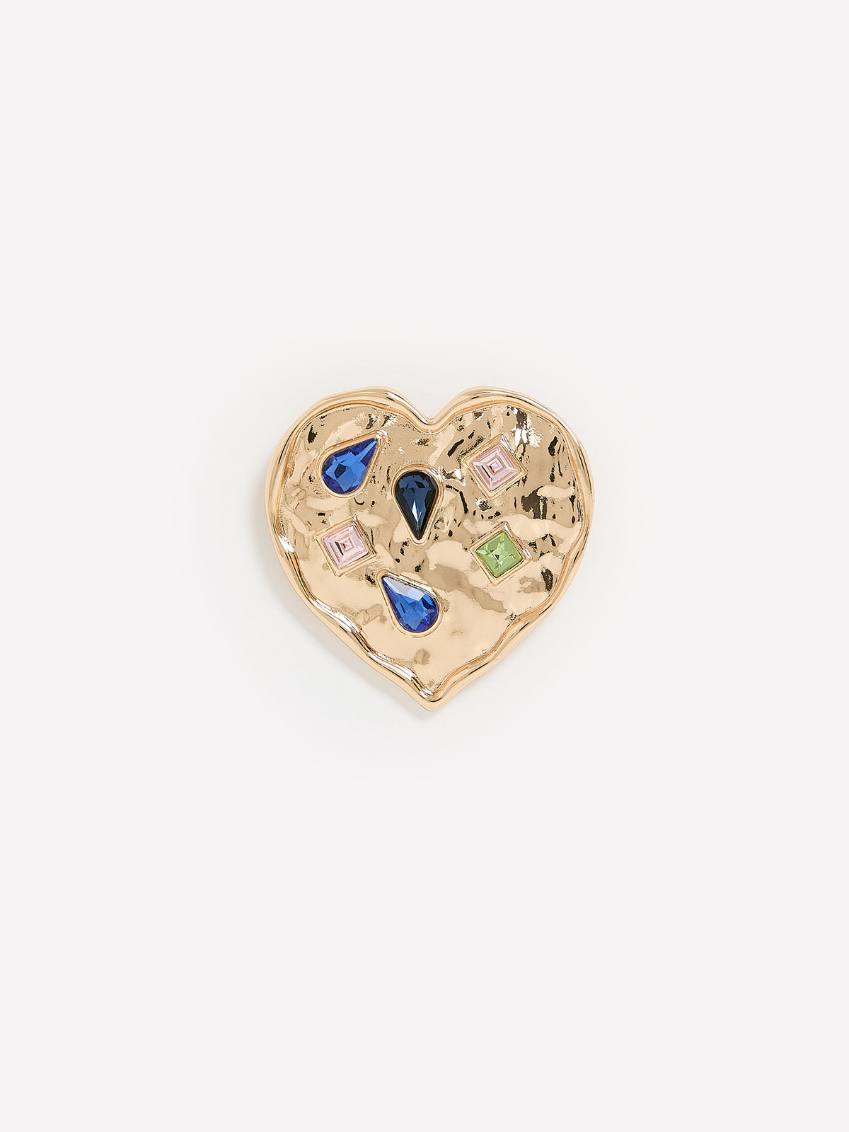 Hammered Golden Heart-Shape Brooch with Stones