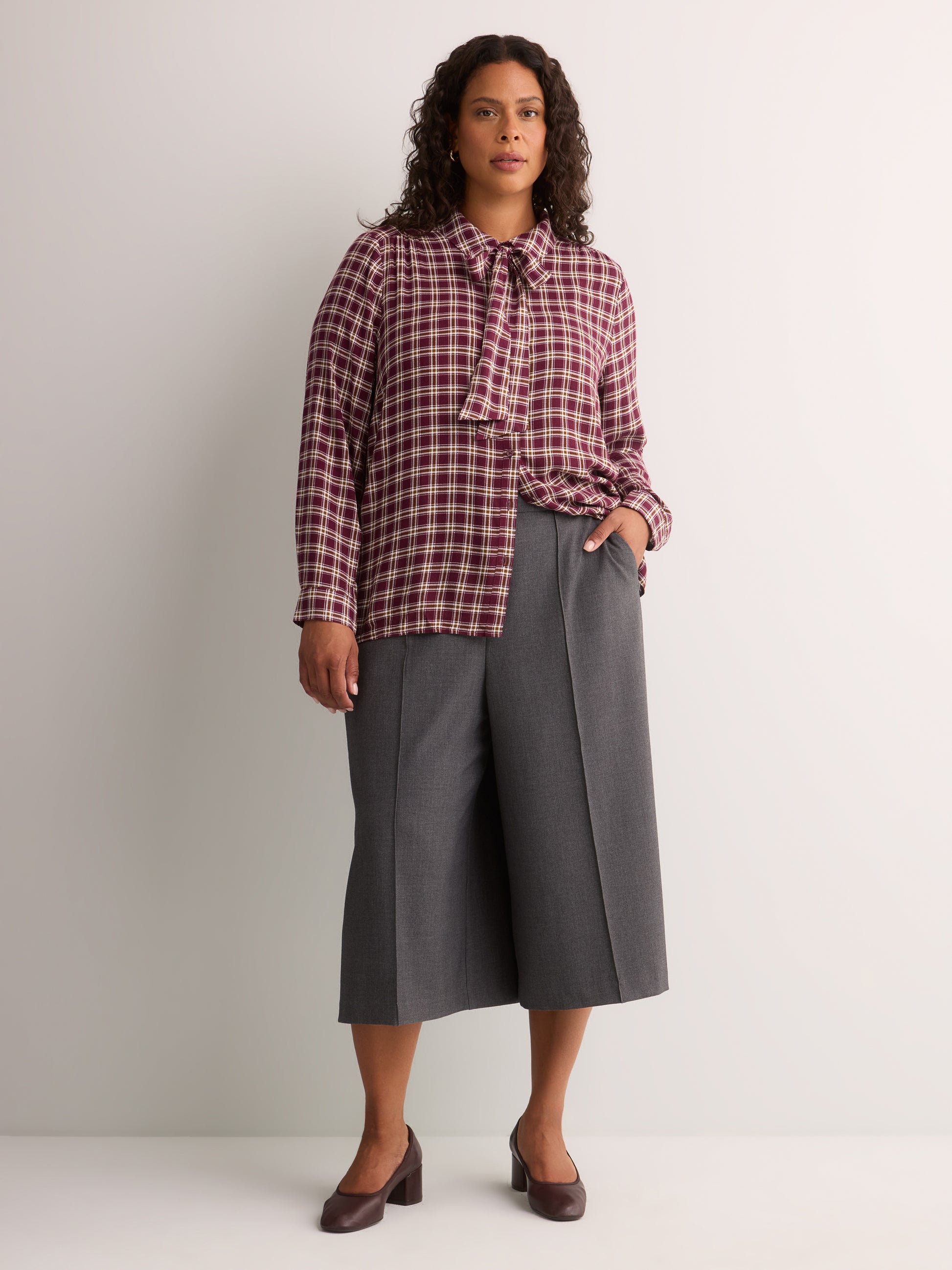 Plaid Buttoned Down Shirt with Scarf Collar