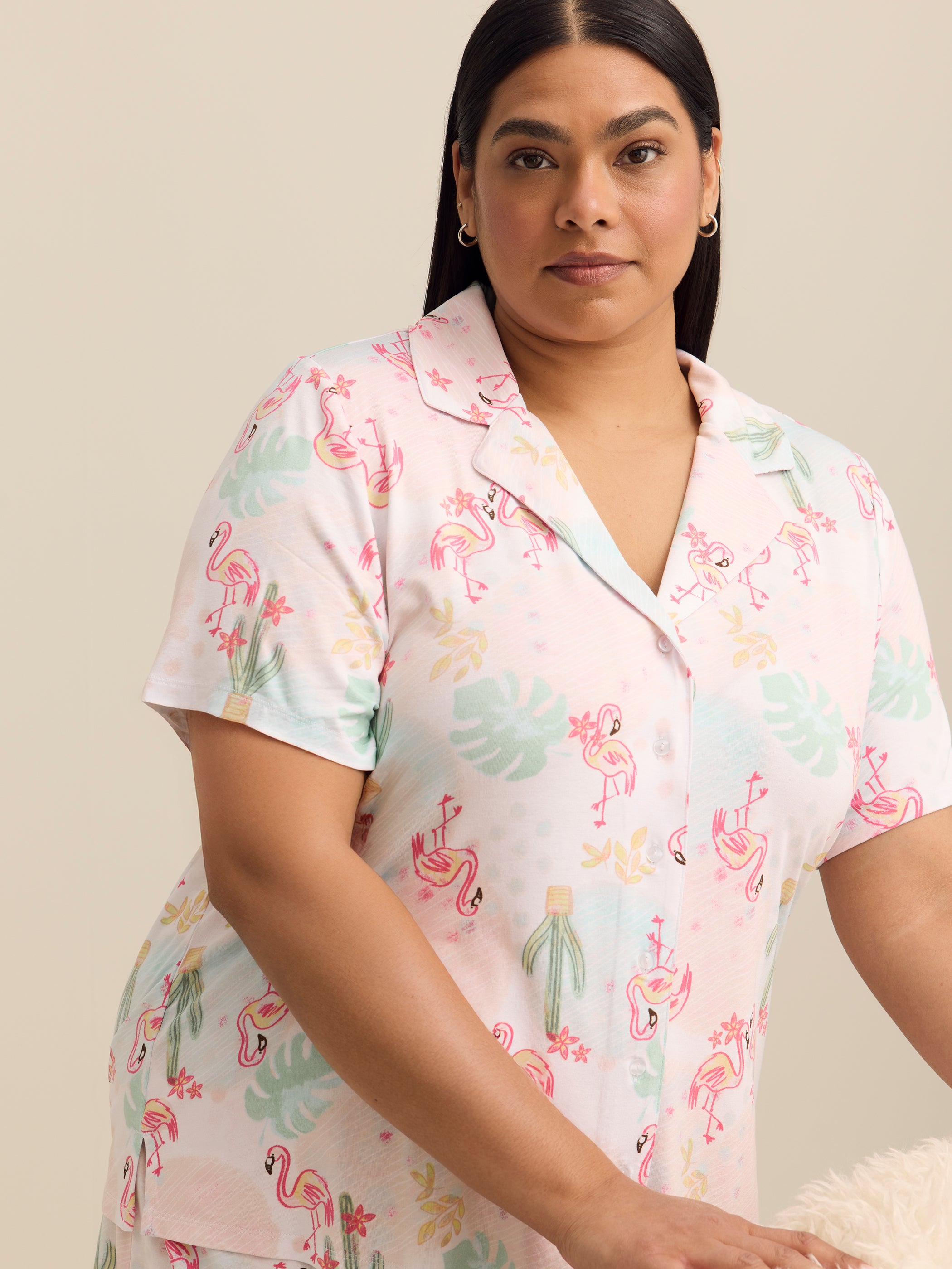 Responsible, Flamingo Short-Sleeve Buttoned-Down Pyjama Shirt - ti Voglio