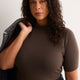 Fitted Mock-Neck Elbow-Sleeve Rib Knit Top