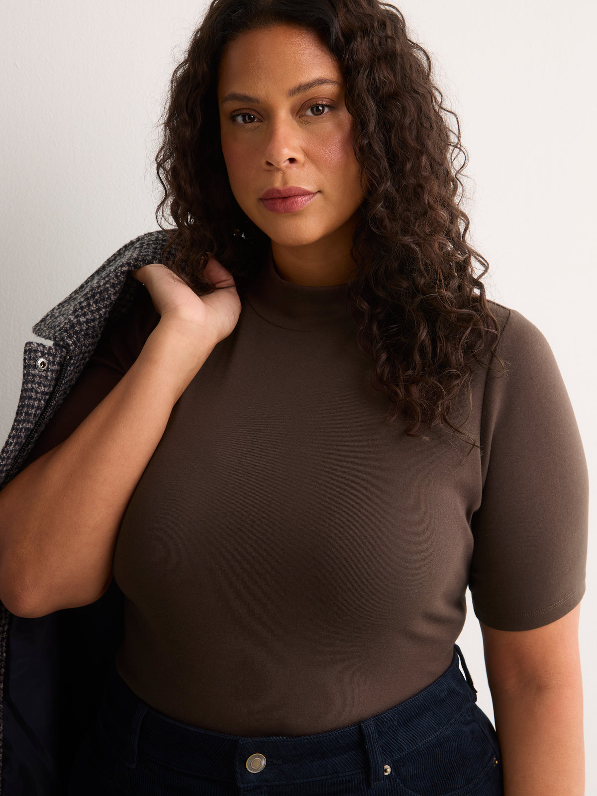 Fitted Mock-Neck Elbow-Sleeve Rib Knit Top