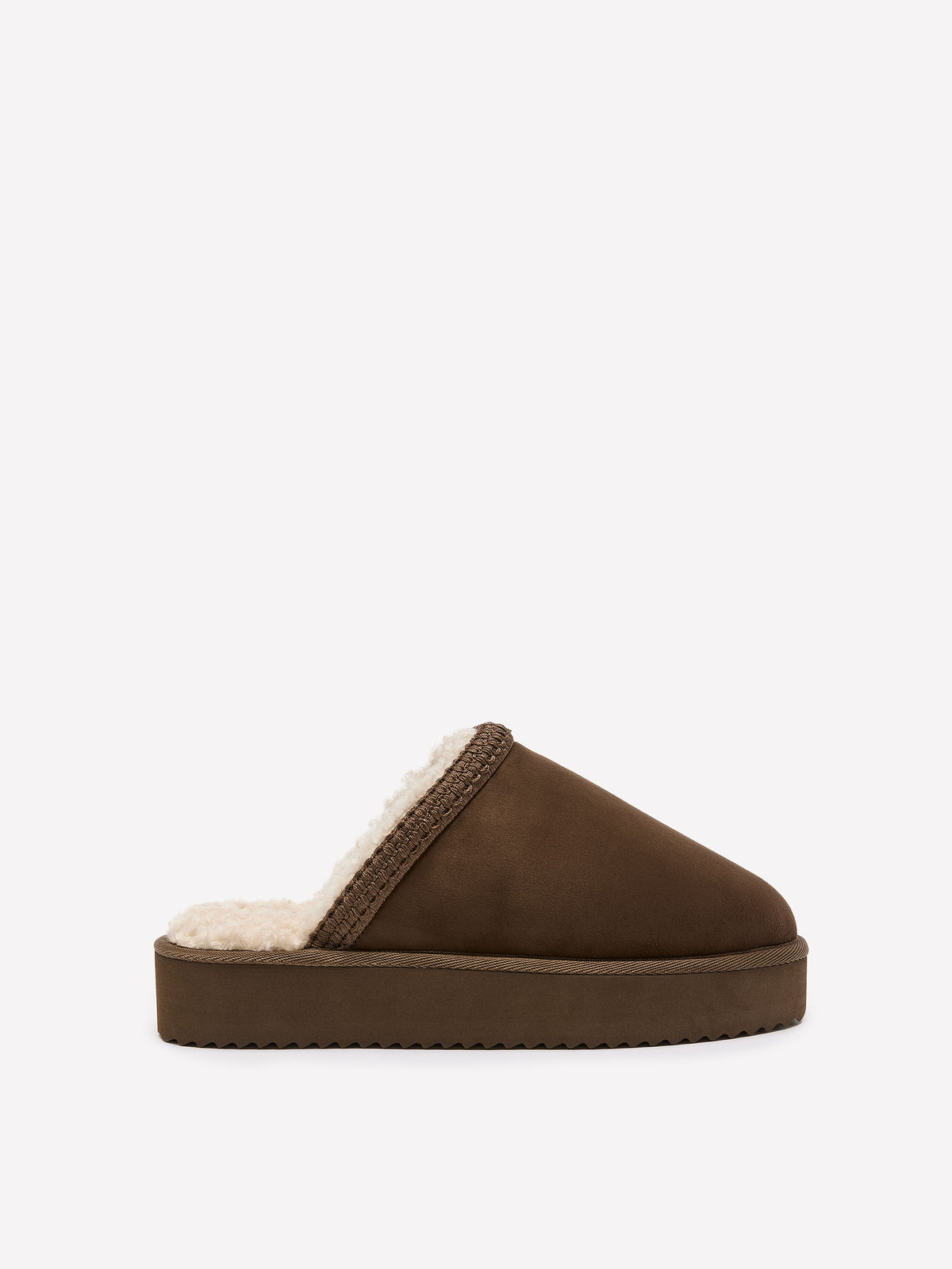 Wide Width, Microsuede Flat Platform Slippers with Faux-Fur Lining