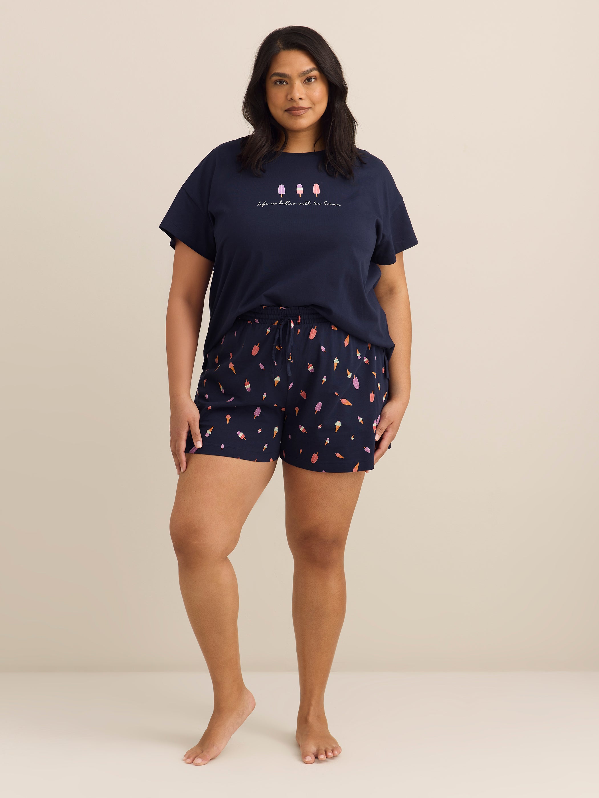 Navy Blue T-Shirt and Boxer Pyjama Set with Ice Cream Print - ti Voglio
