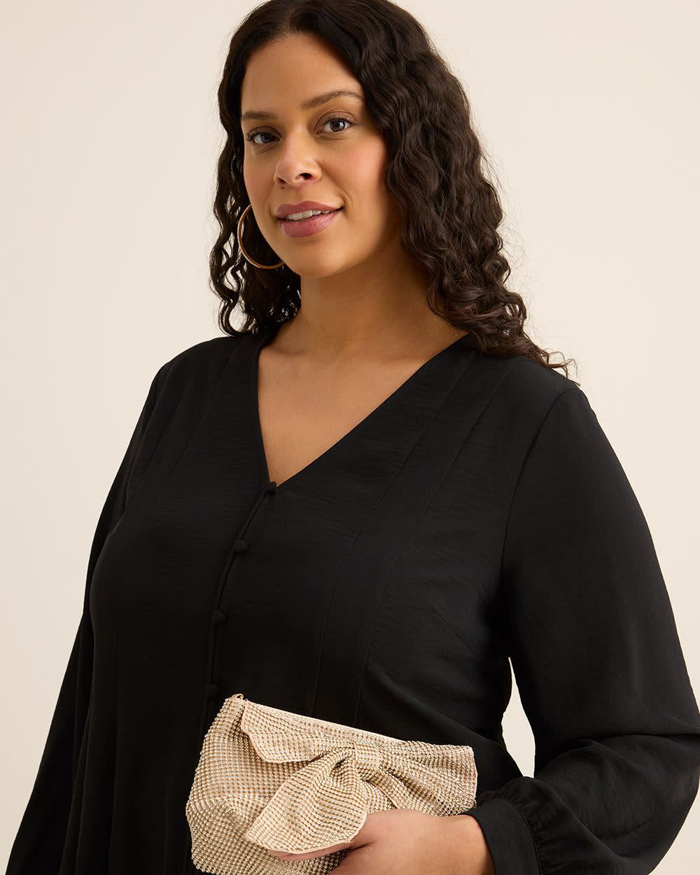 Long-Sleeve Flared Pleated Satin Blouse