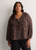 Brown Floral Ruffled V-Neck Pintuck Swing Blouse