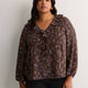 Brown Floral Ruffled V-Neck Pintuck Swing Blouse
