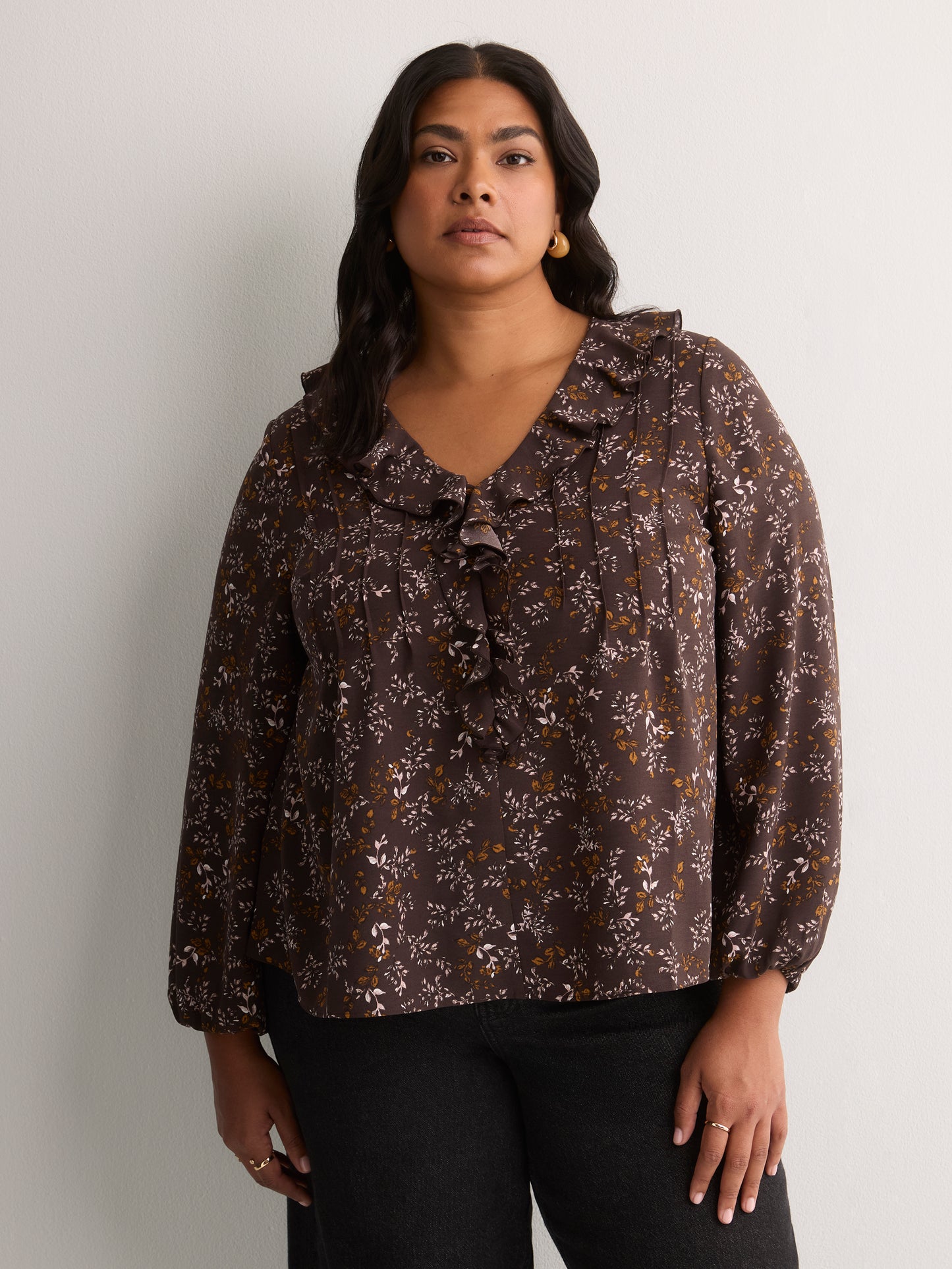 Brown Floral Ruffled V-Neck Pintuck Swing Blouse