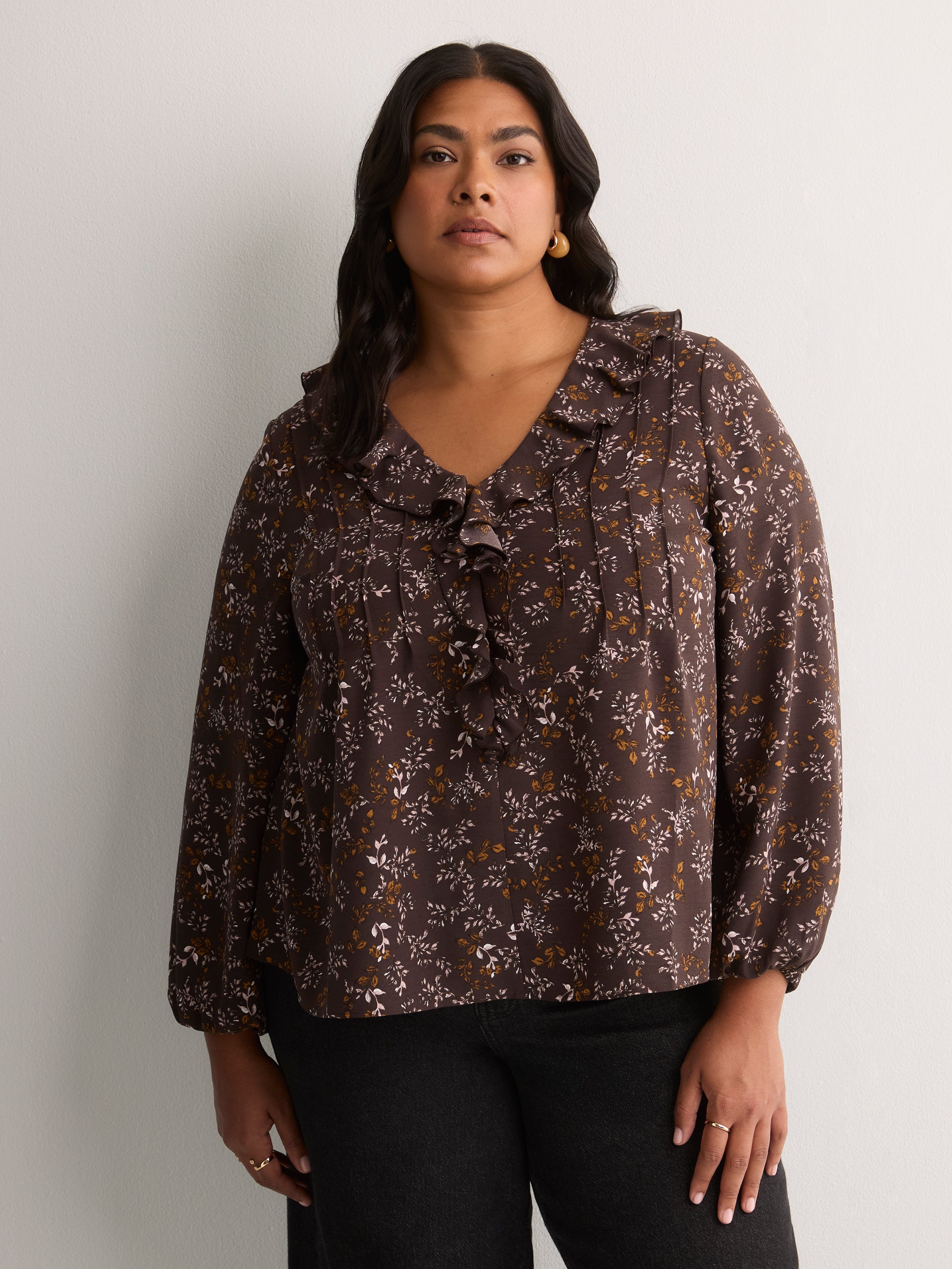 Brown Floral Ruffled V-Neck Pintuck Swing Blouse