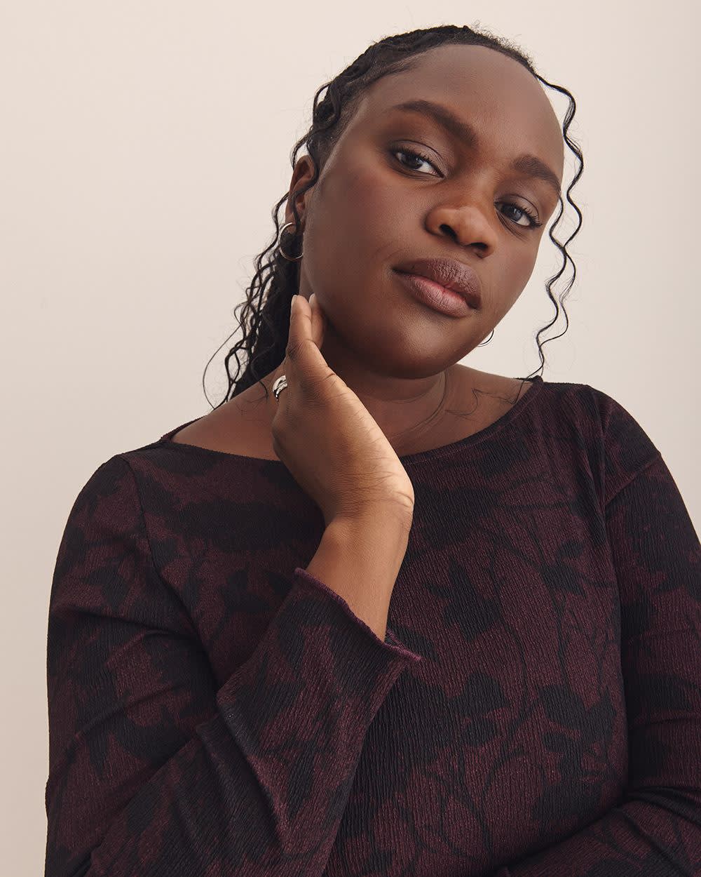 Boat-Neck Knit Top with Lettuce-Edge Sleeves - Addition Elle