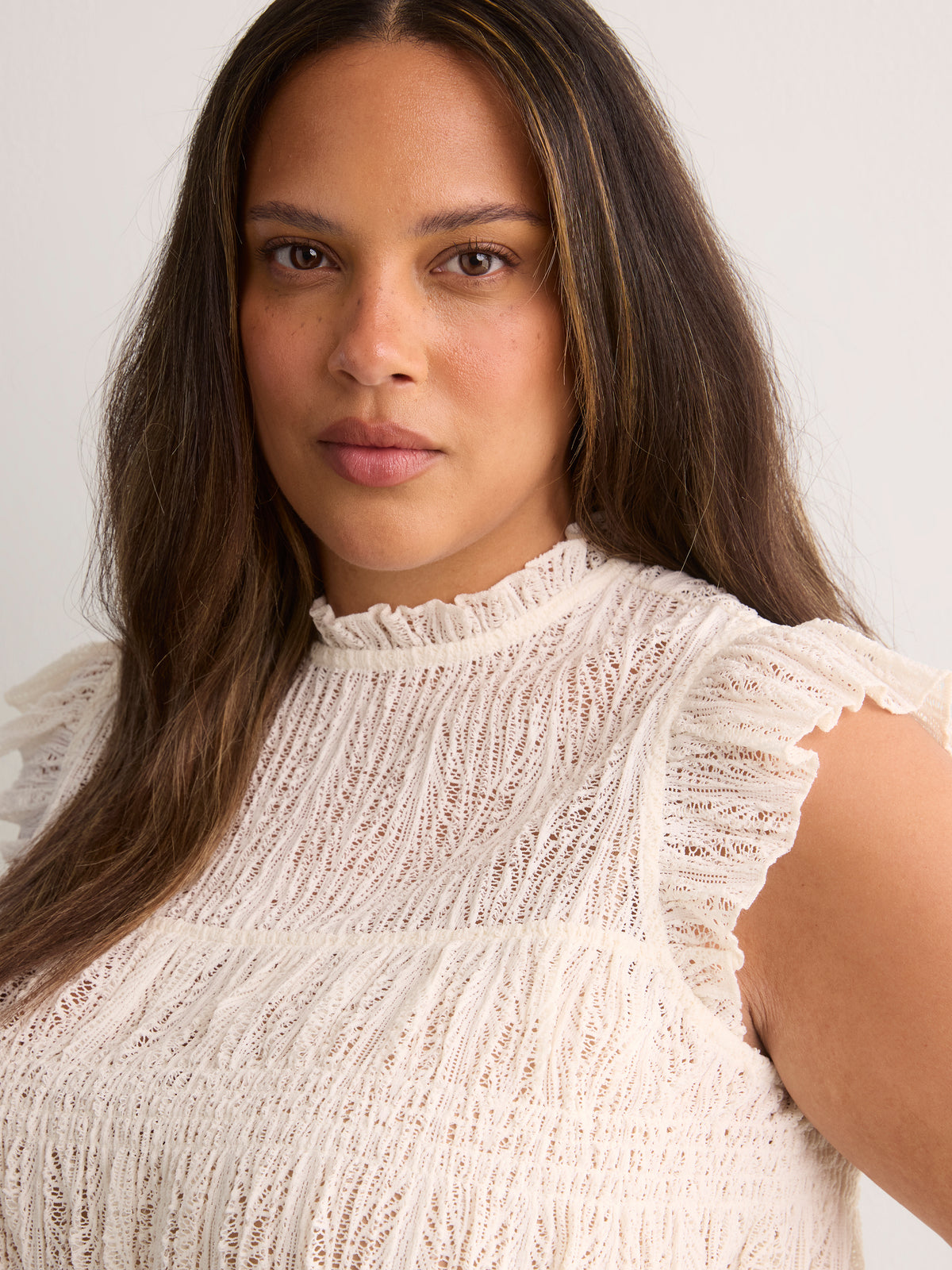 Smocked Lace Swing Top with Short Flutter Sleeves
