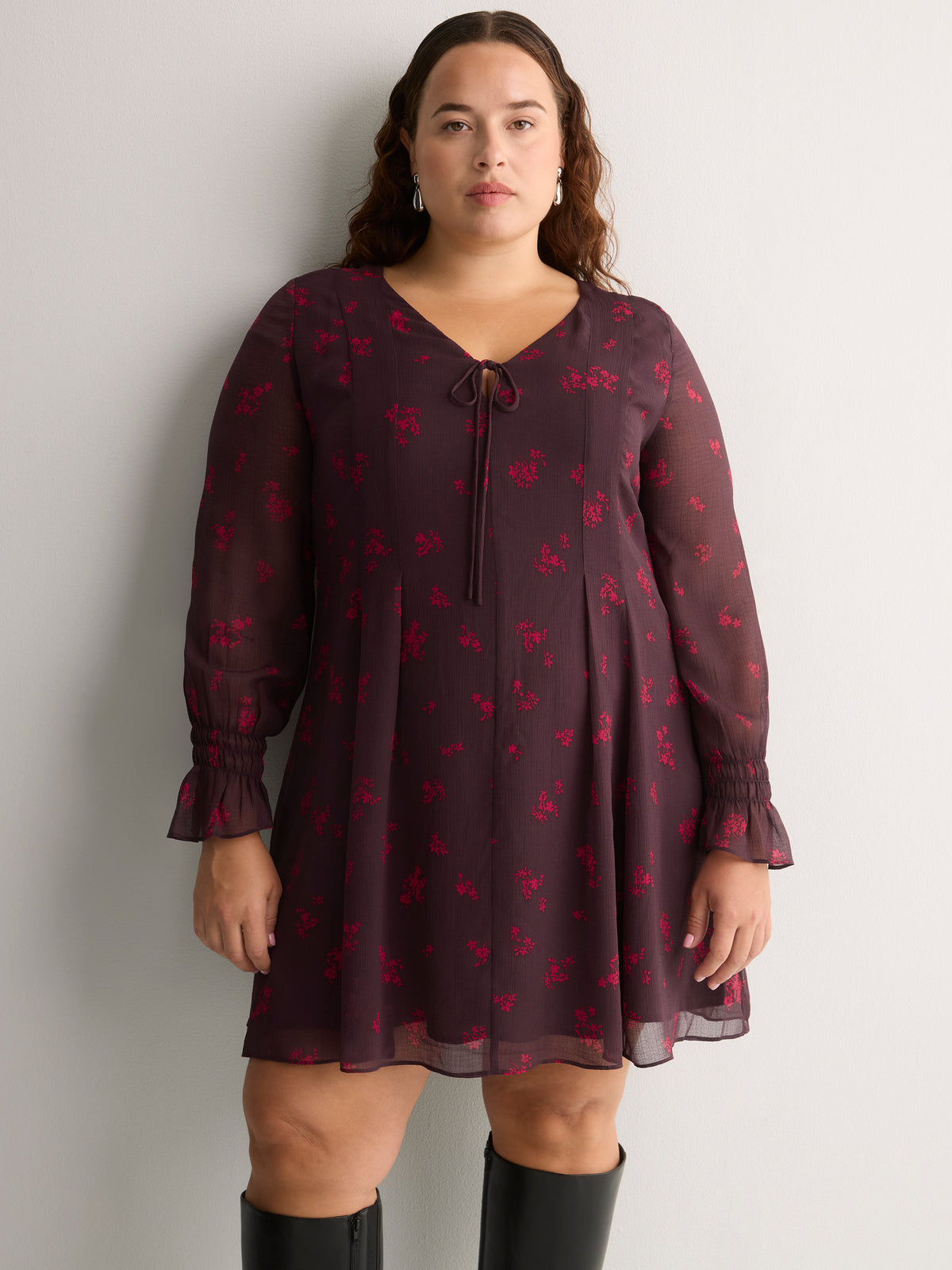 Floral Pleated Dress with Long Bell Sleeves - Addition Elle