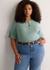 Straight Elbow-Sleeve Ribbed Knit Henley Top