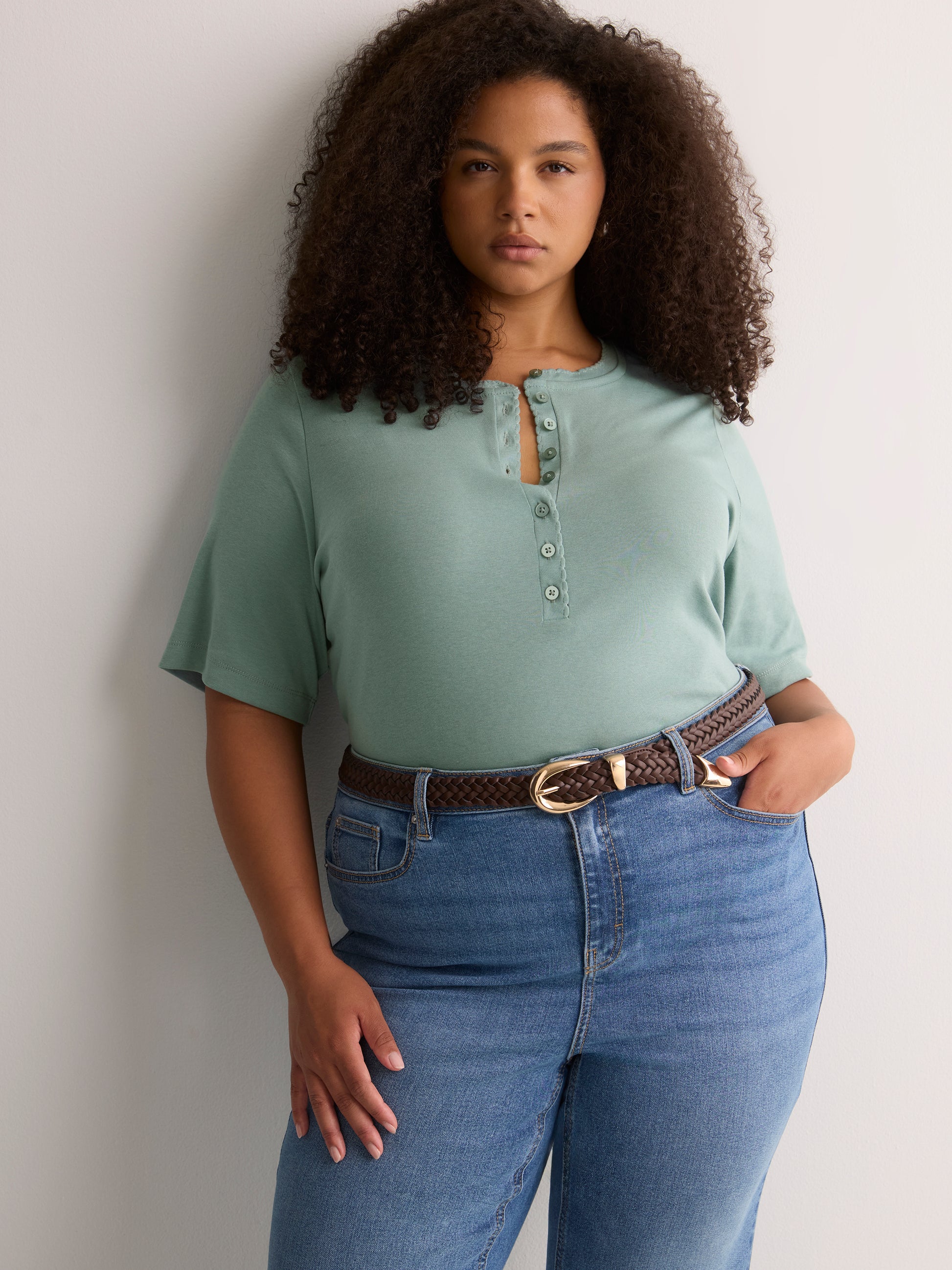 Straight Elbow-Sleeve Ribbed Knit Henley Top