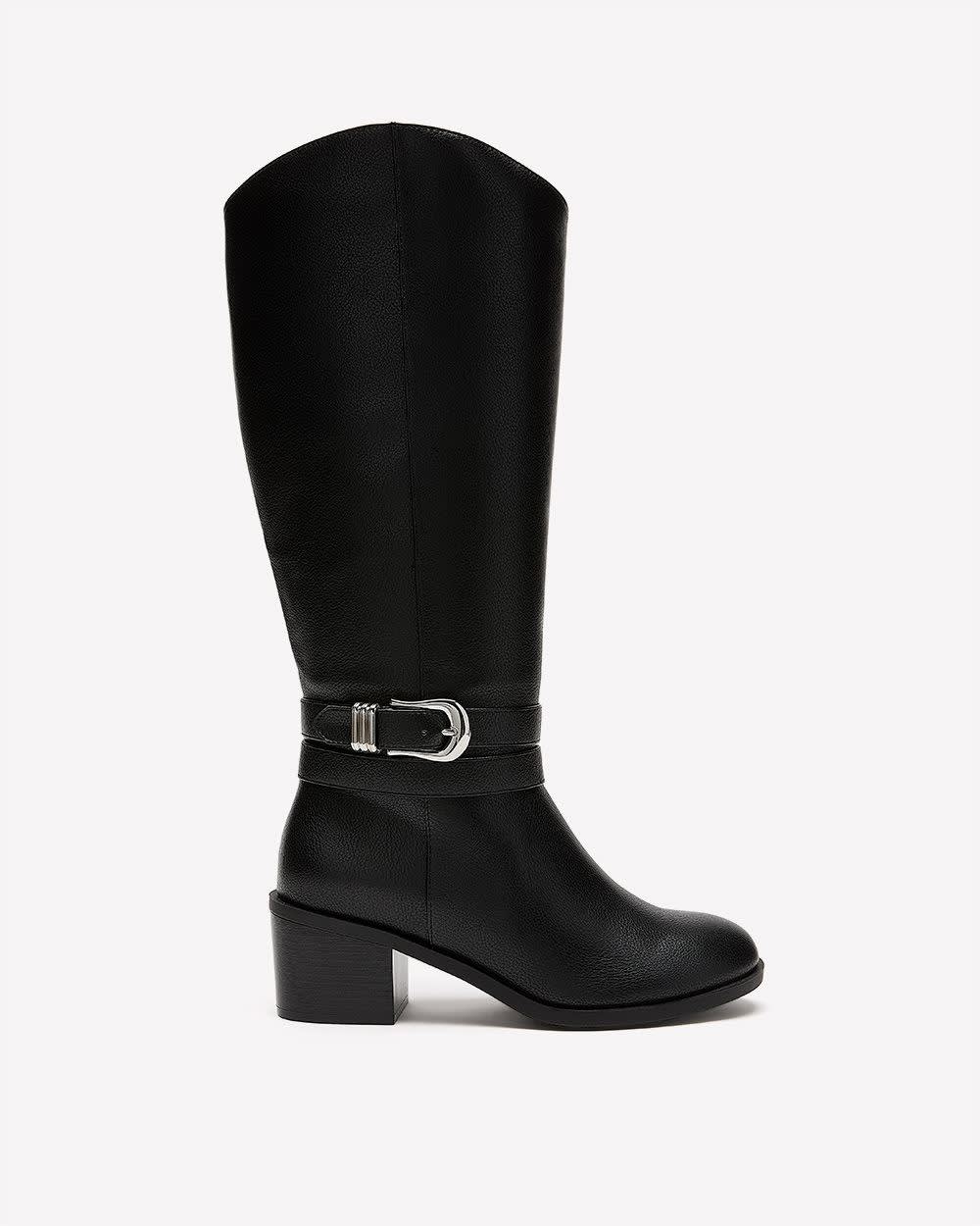 Extra Wide Width and Wide Calf, Tall Black Block-Heel Boot with Double Wrap Strap