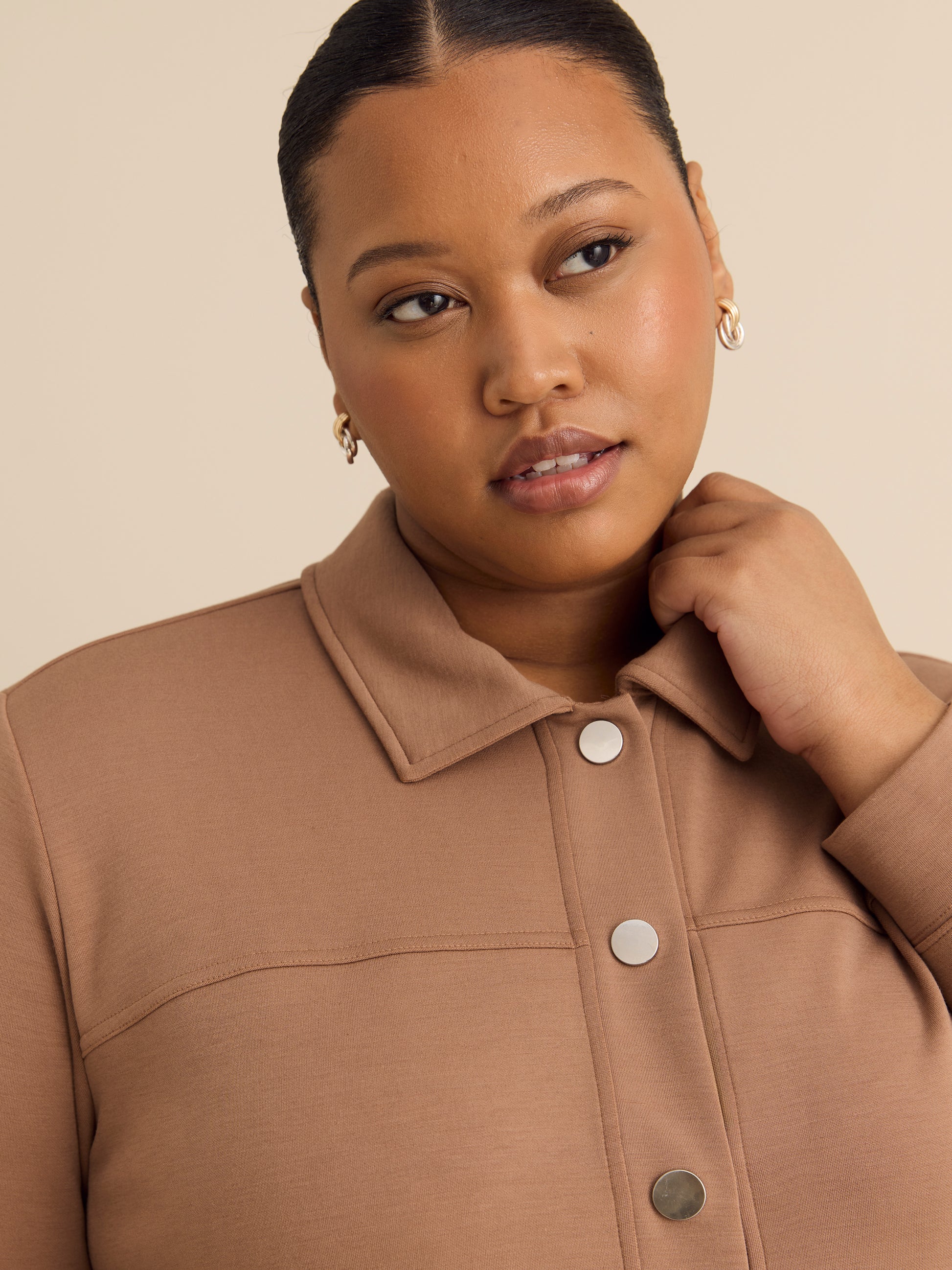 Neoprene Bomber Knit Top with Shirt Collar