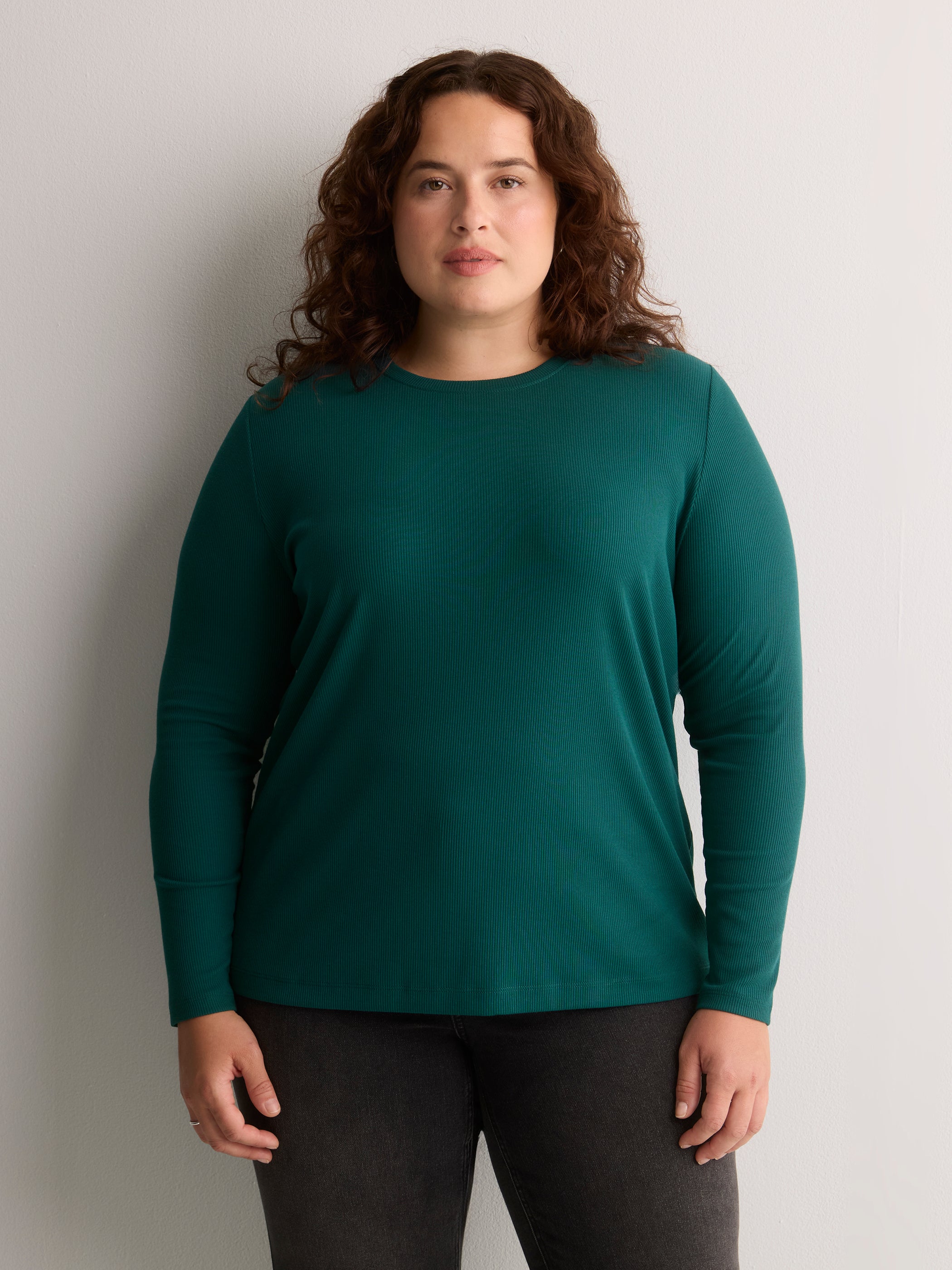 Dark Blue Boyfriend-Fit Long-Sleeve Rib Knit Tee
