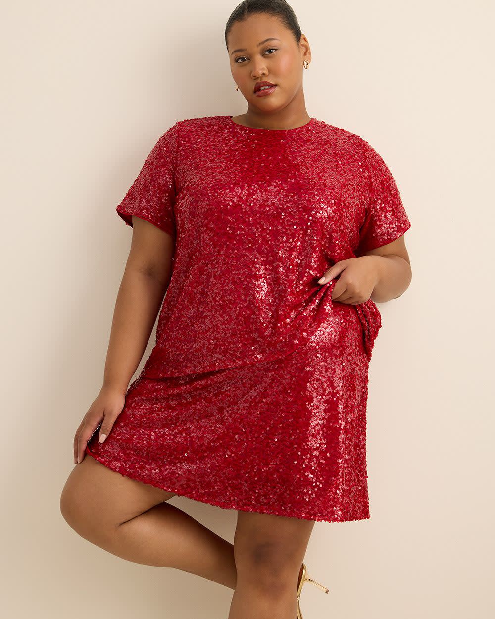 Red Short-Sleeve Sequins Knit Top