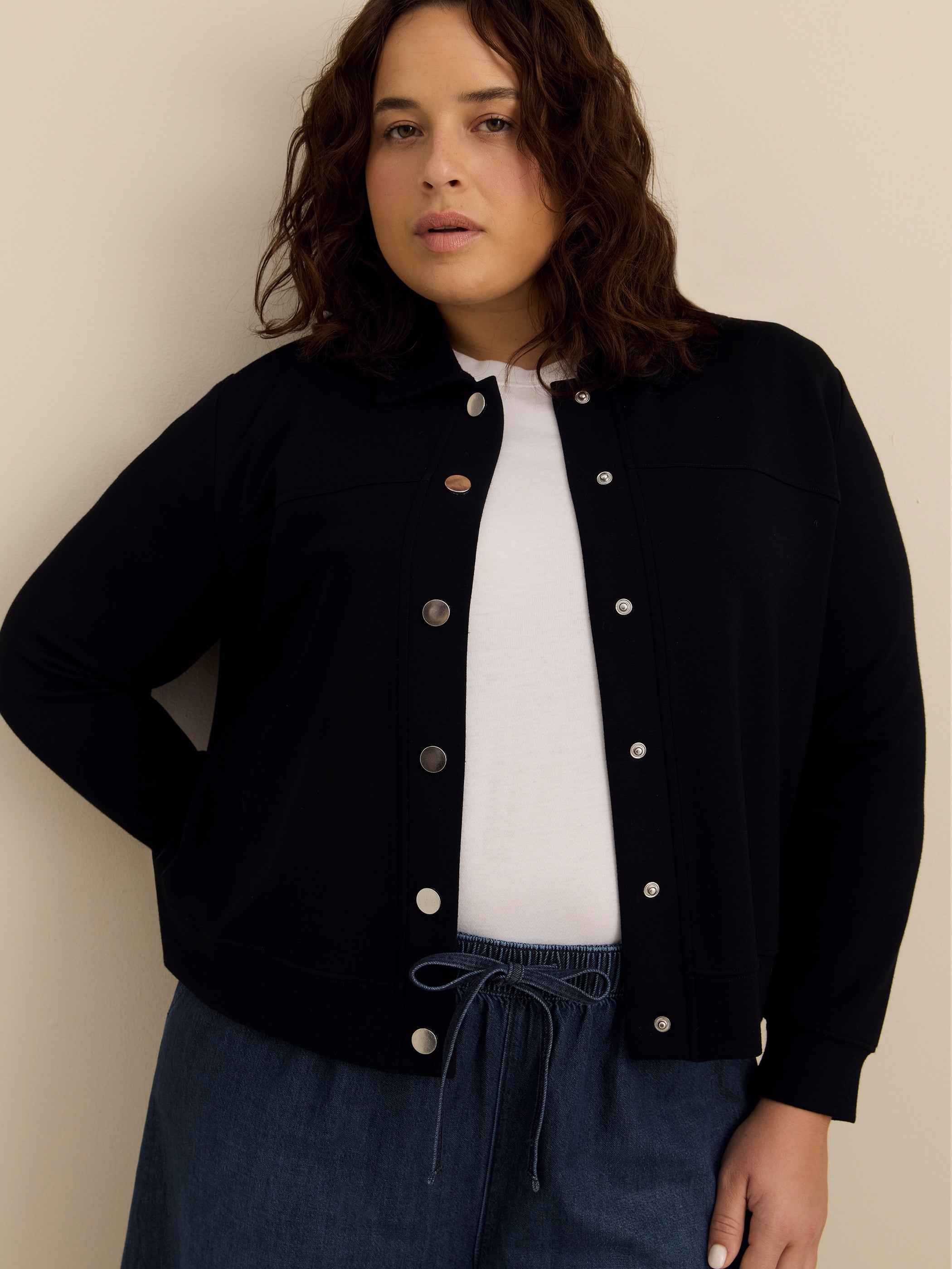 Neoprene Bomber Knit Top with Shirt Collar