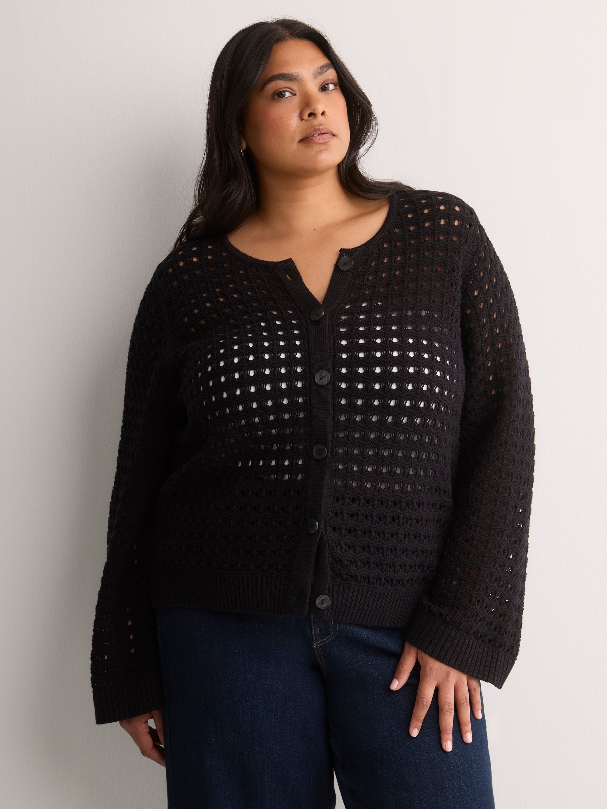 Semi-Fitted Crochet Cardigan with Long Bell Sleeves