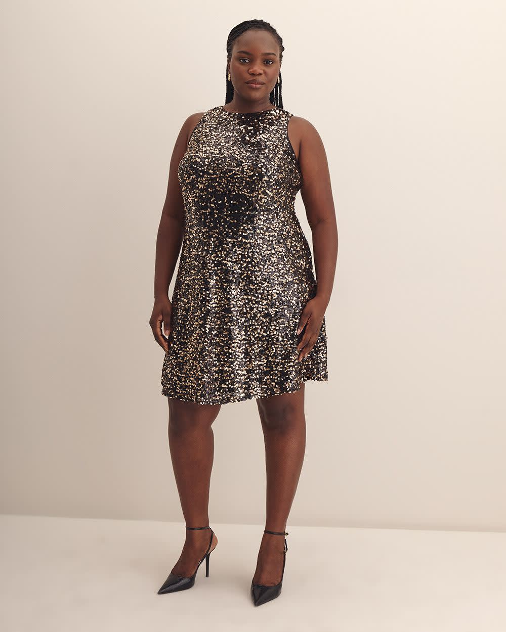 Robe courte évasée à paillettes sans manches avec boucle au dos