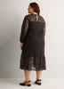 Brown Long-Sleeve Ruffled Lace Midi Dress