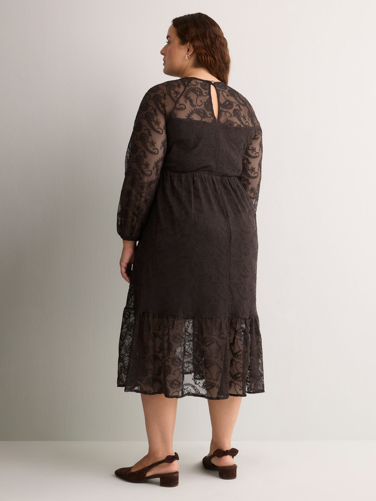 Brown Long-Sleeve Ruffled Lace Midi Dress